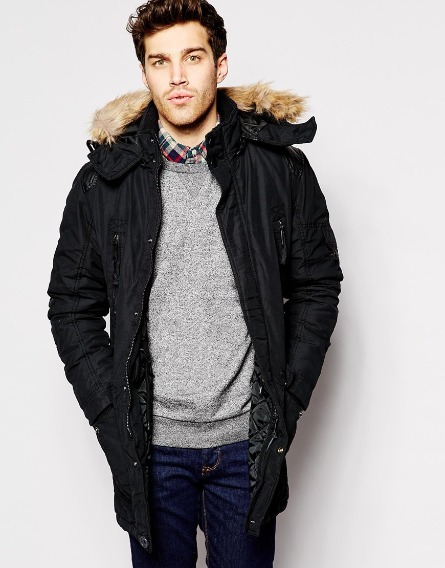 Esprit Parka With Faux Fur Hood in Black for Men - Lyst