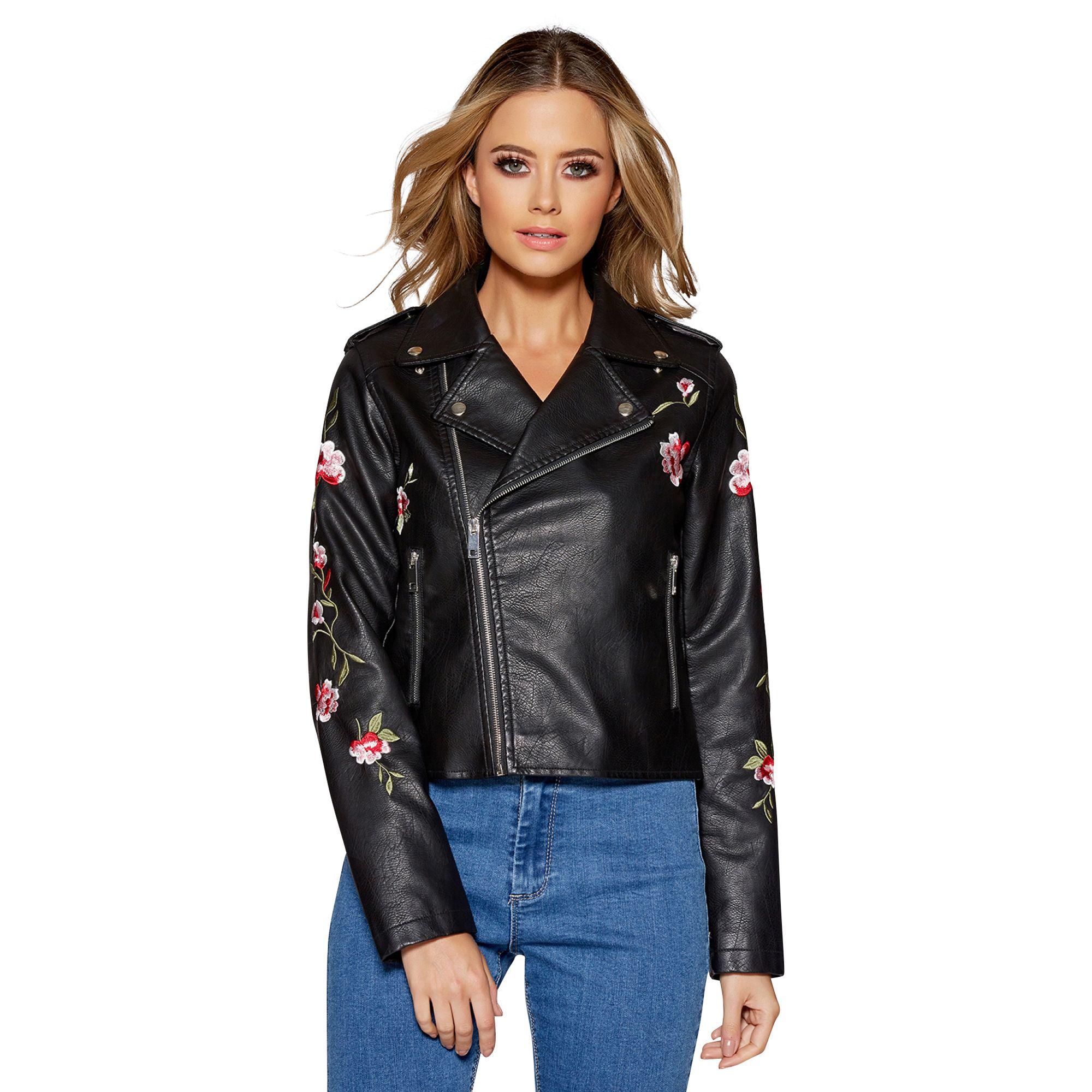 Quiz Black Pu Embroidered Biker Jacket In Lyst View Fullscreen