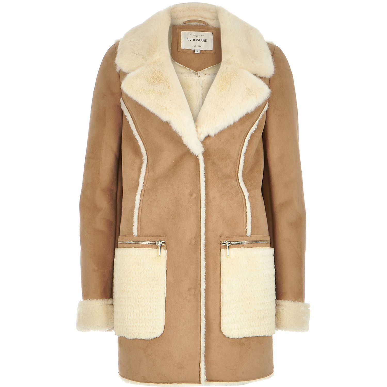 River island Brown Faux-suede Winter Coat in Brown | Lyst