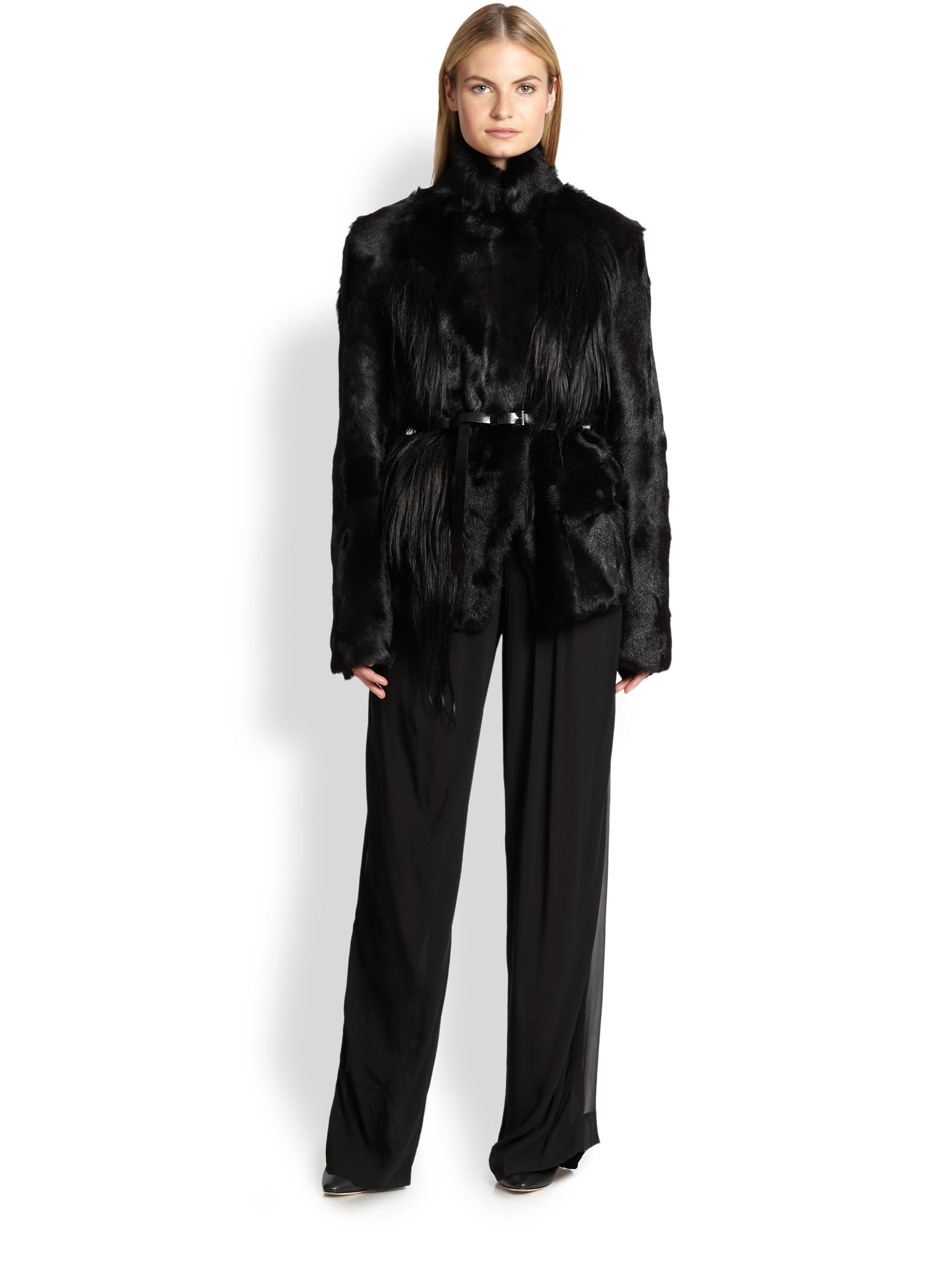 Lyst - Donna Karan Belted Goat-Fur Coat in Black