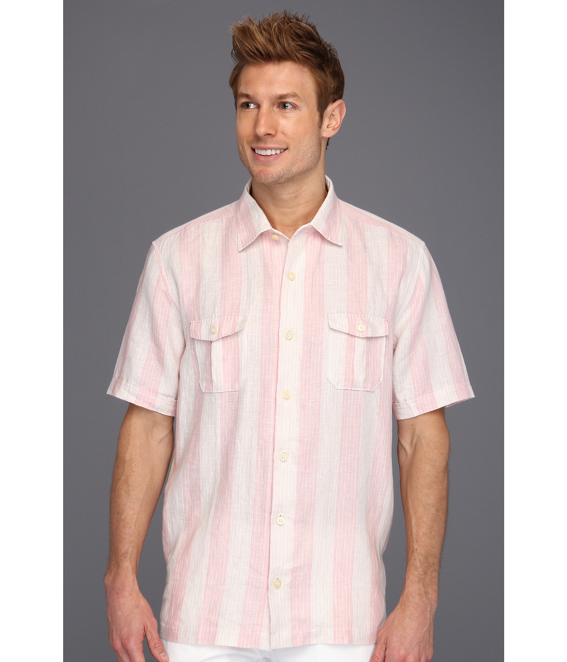 Tommy Bahama Palmas Stripe Camp Shirt in Pink for Men (Bright Coral) | Lyst