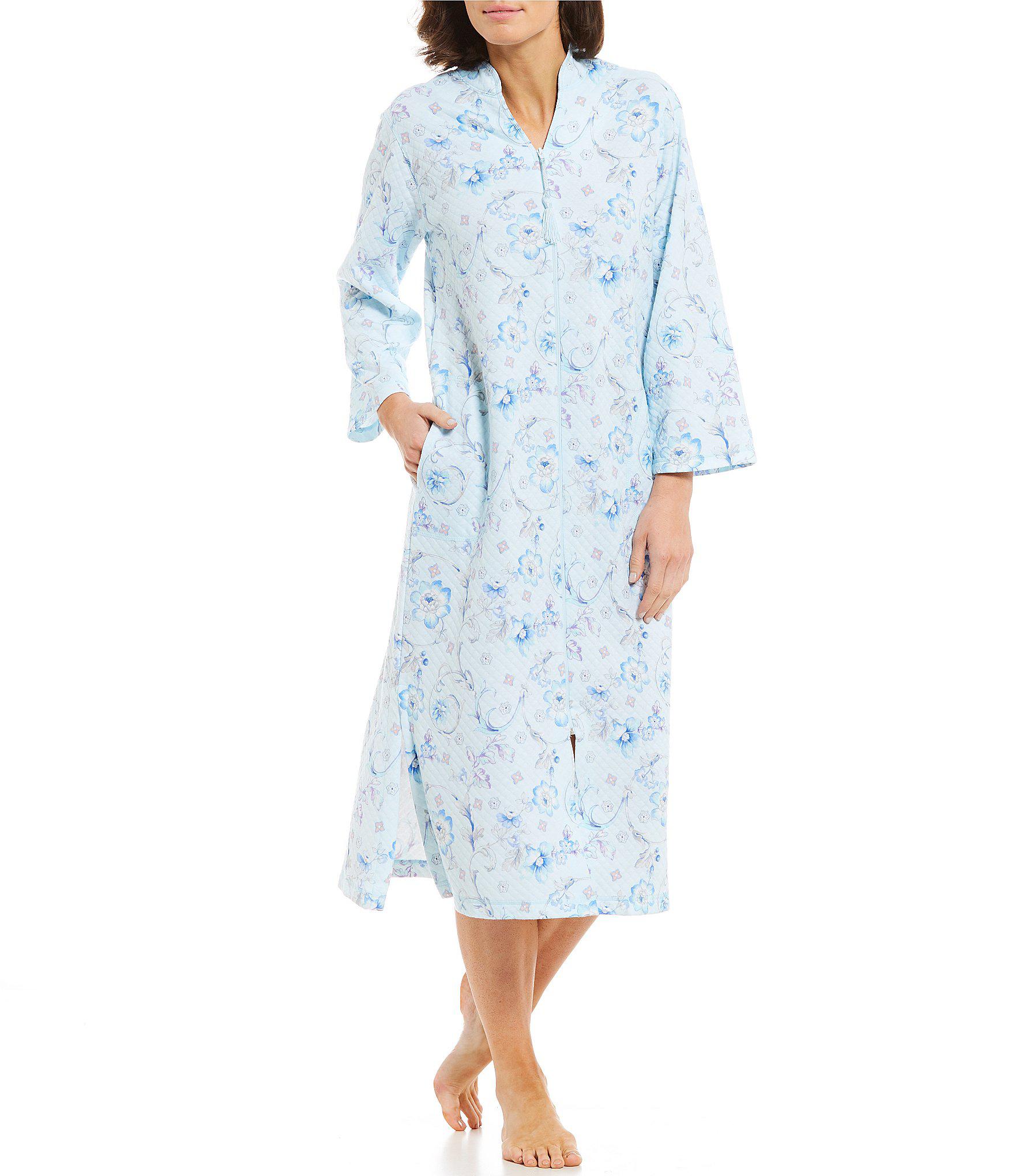Lyst - Miss Elaine Floral-print Quilt-knit Zip-front Long Robe in Blue