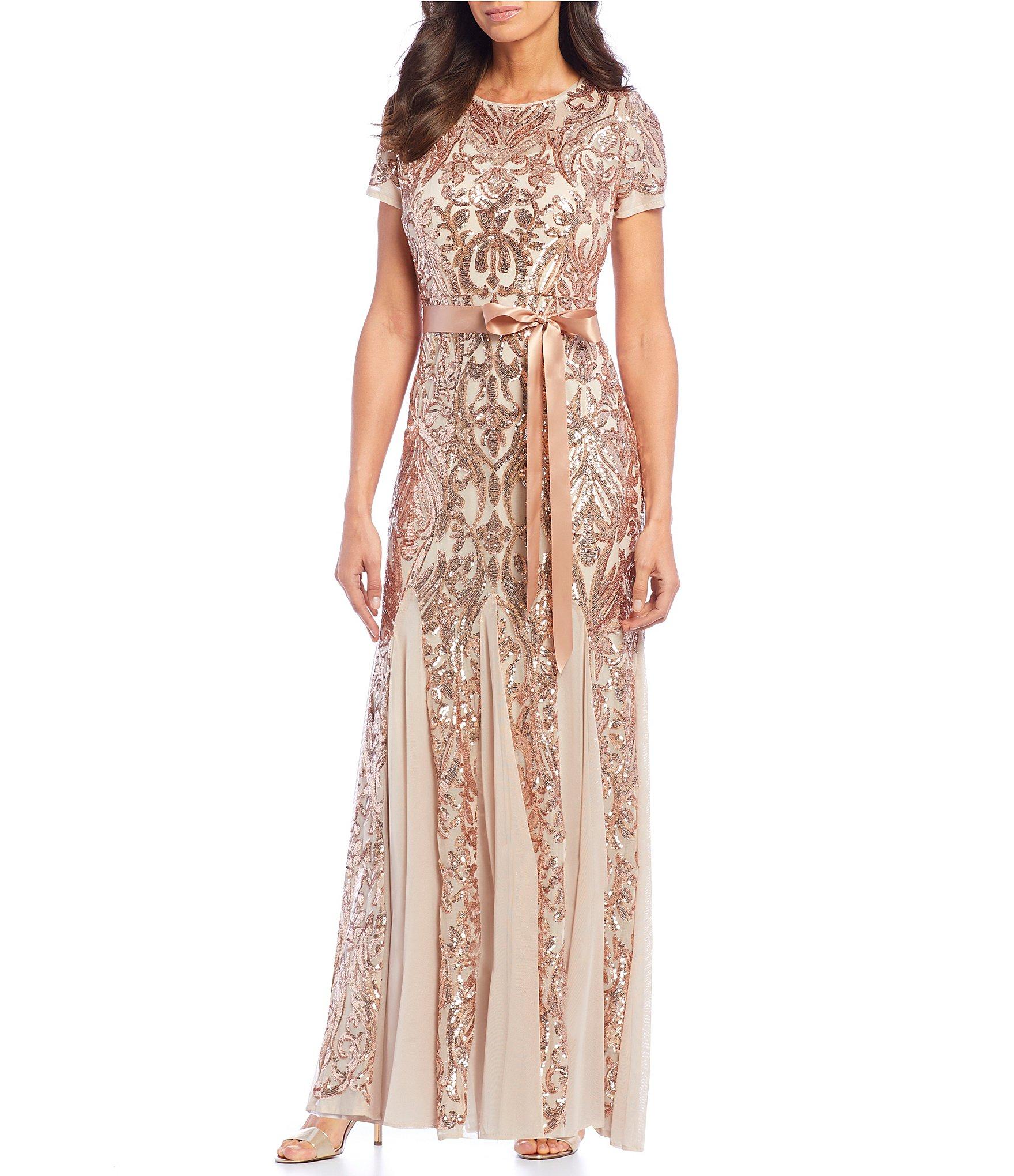 r & m richards short sleeve sequin evening gown