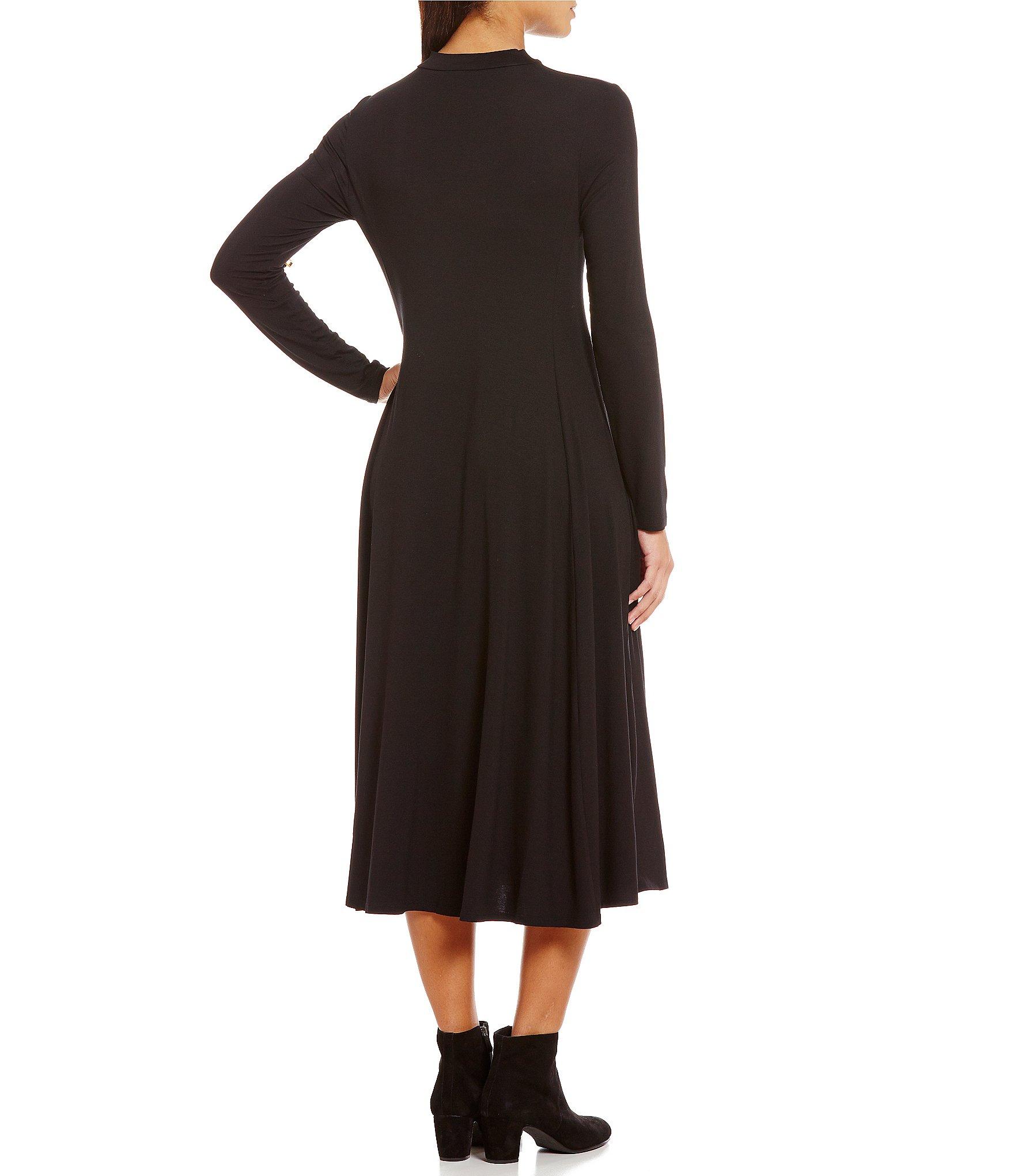 Eileen fisher Mock Neck Long Sleeve Midi Dress in Black | Lyst