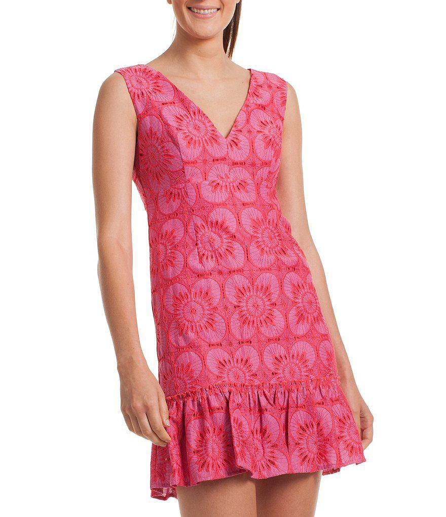 Lyst Trina Turk V Neck Ruffle Hem Mini Dress In Pink Gallery