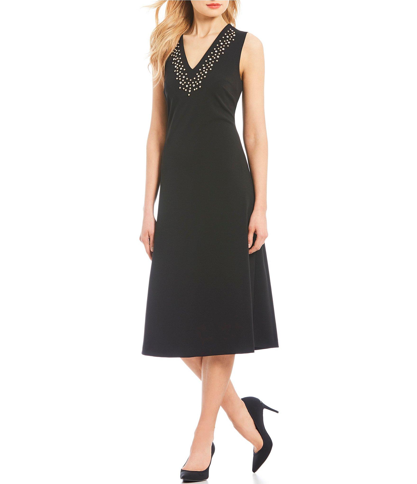 Lyst - Calvin Klein Beaded V-neck Sleeveless A-line Midi Dress in Black