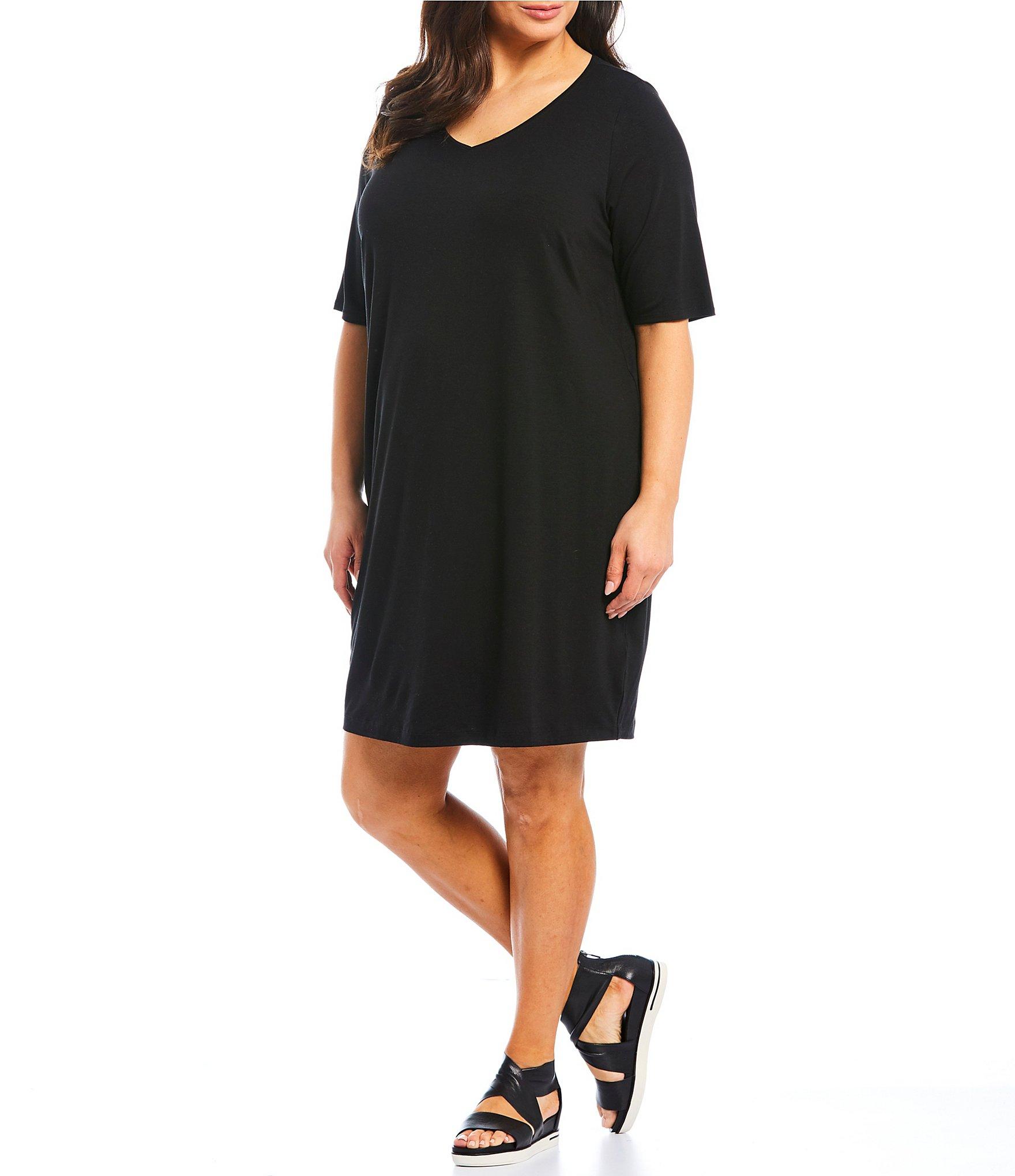 Eileen Fisher Plus Size V-neck Elbow Sleeve Shift Dress in Black - Lyst