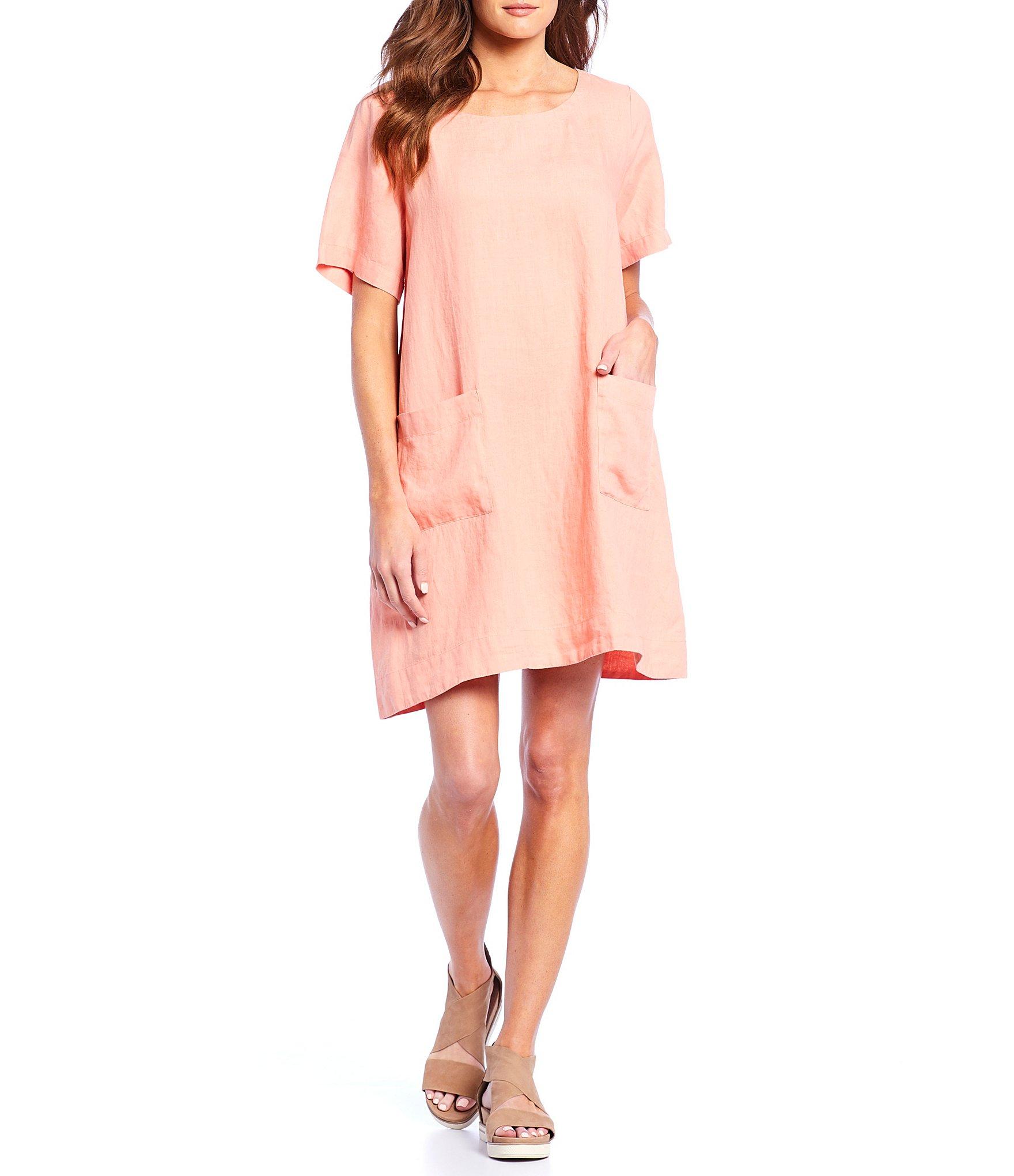 Eileen Fisher U-neck Front Pockets Linen Dress in Pink - Lyst