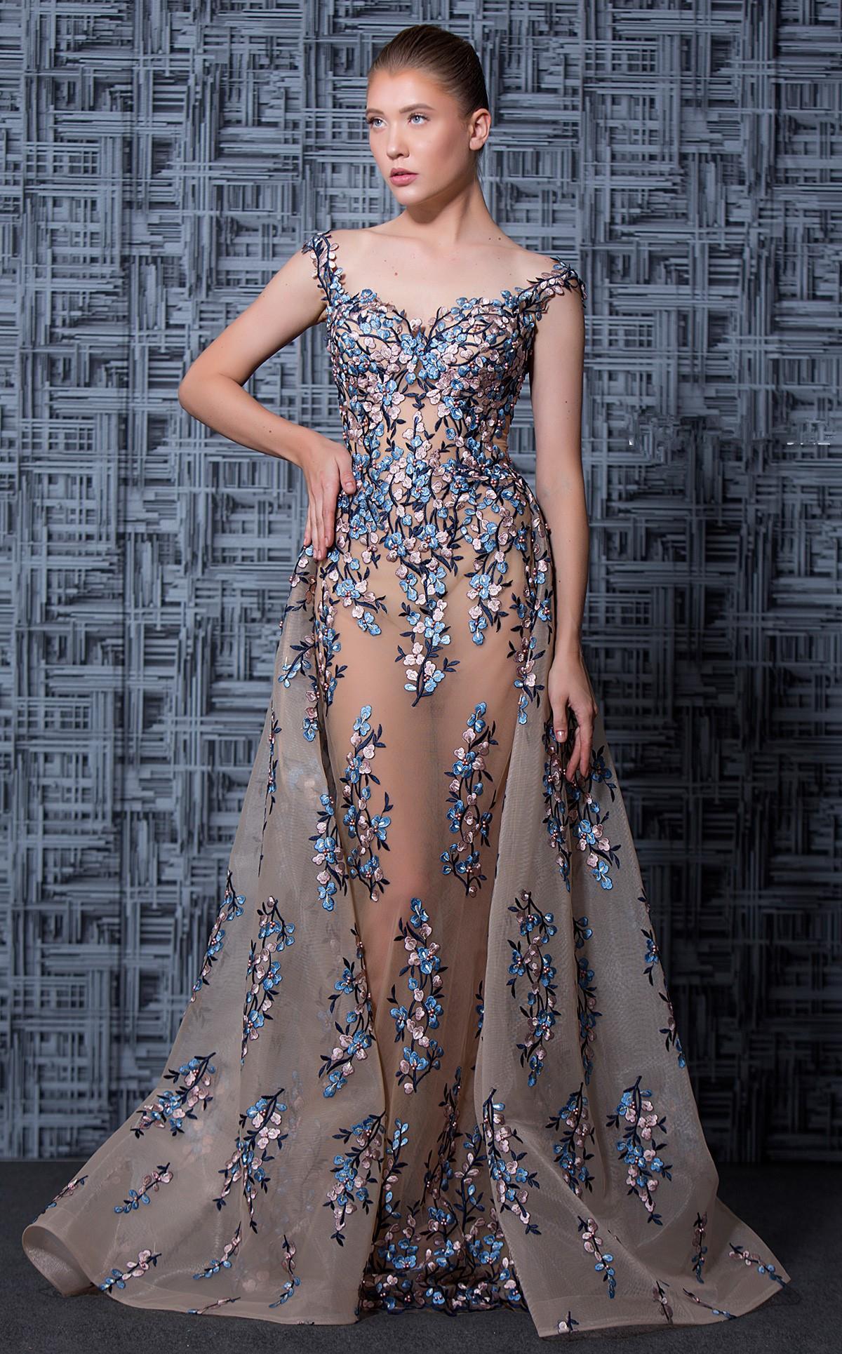 Mnm Couture Nude Blue Beaded Floral Off Shoulder Evening ...