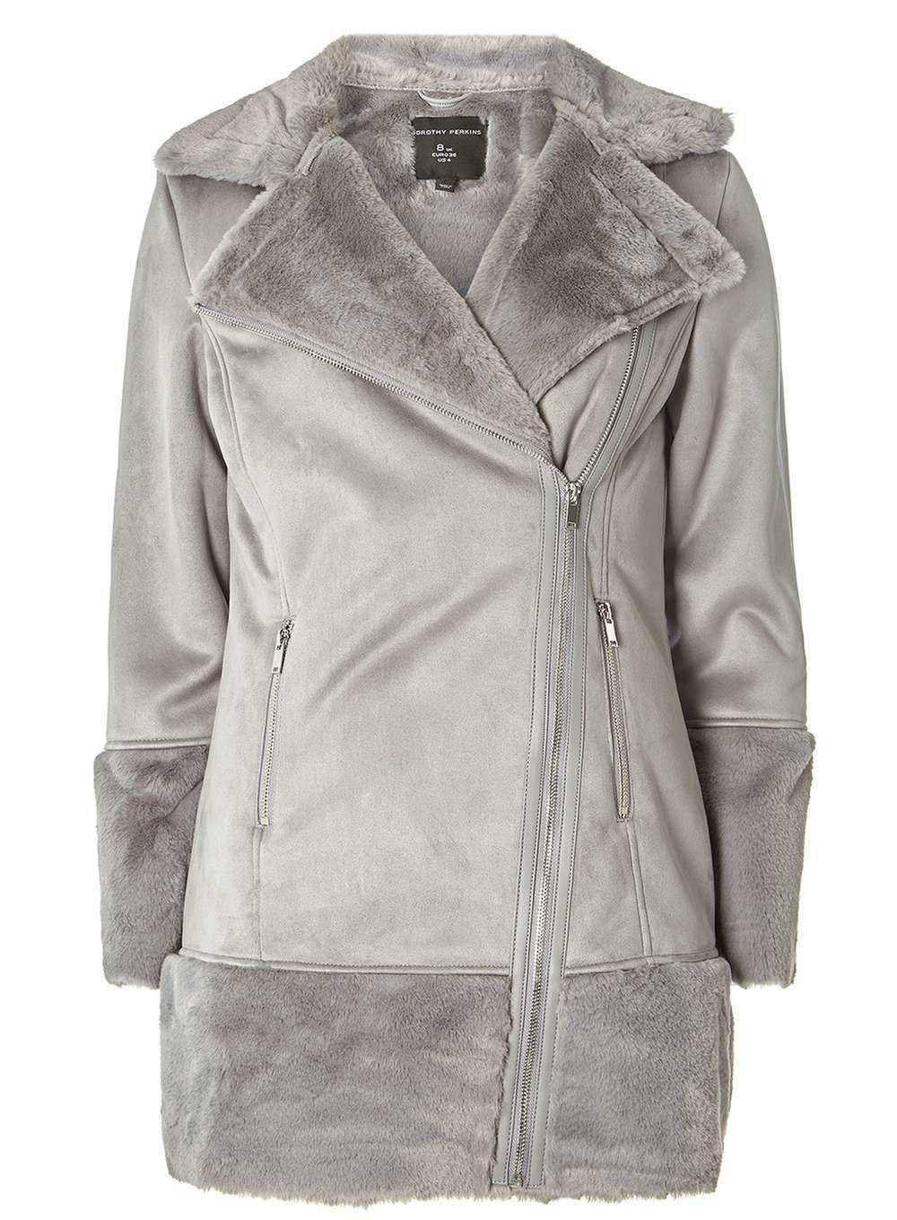 Lyst Dorothy Perkins Grey Faux Fur Shearling Biker Jacket In Gray