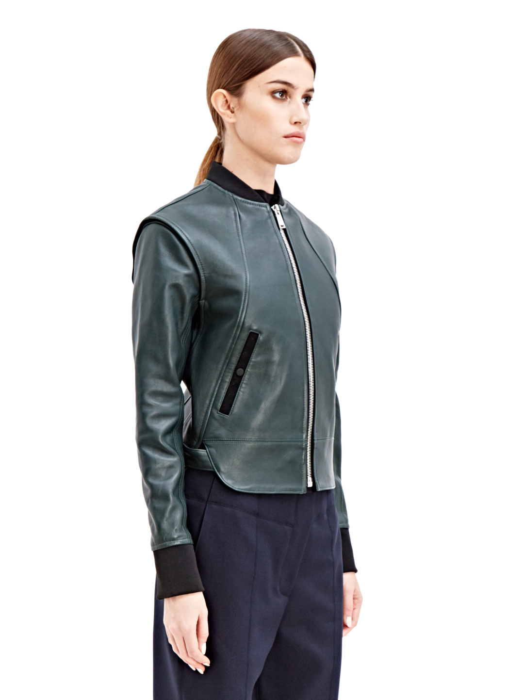 Paco rabanne Womens Leather Bomber Jacket in Green | Lyst