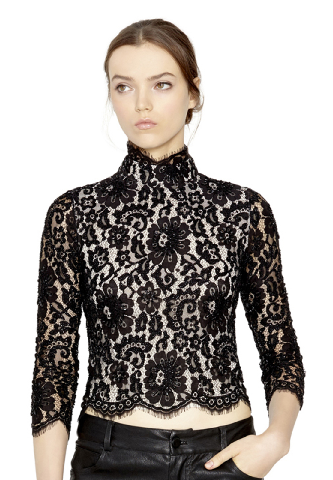Lyst - Alice + Olivia 3/4-sleeve Lace Crop Top in Black