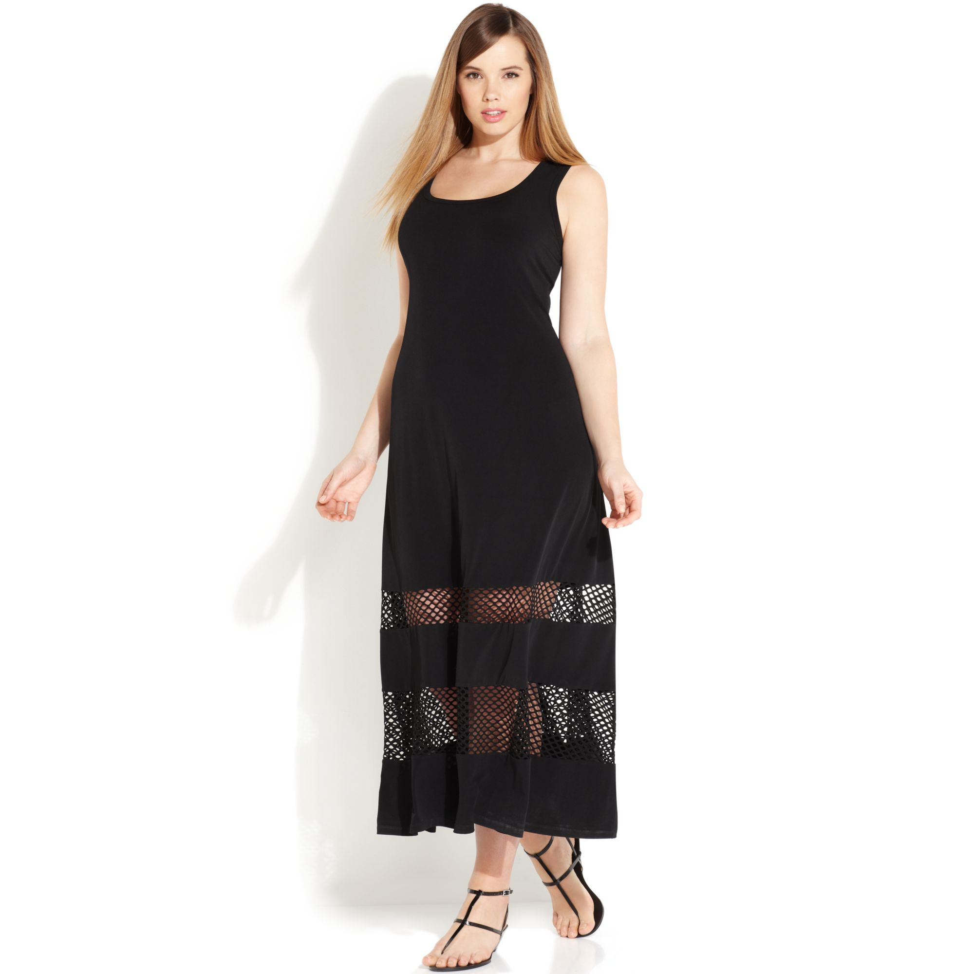 Calvin Klein Plus Size Meshstripe Maxi Dress in Black | Lyst