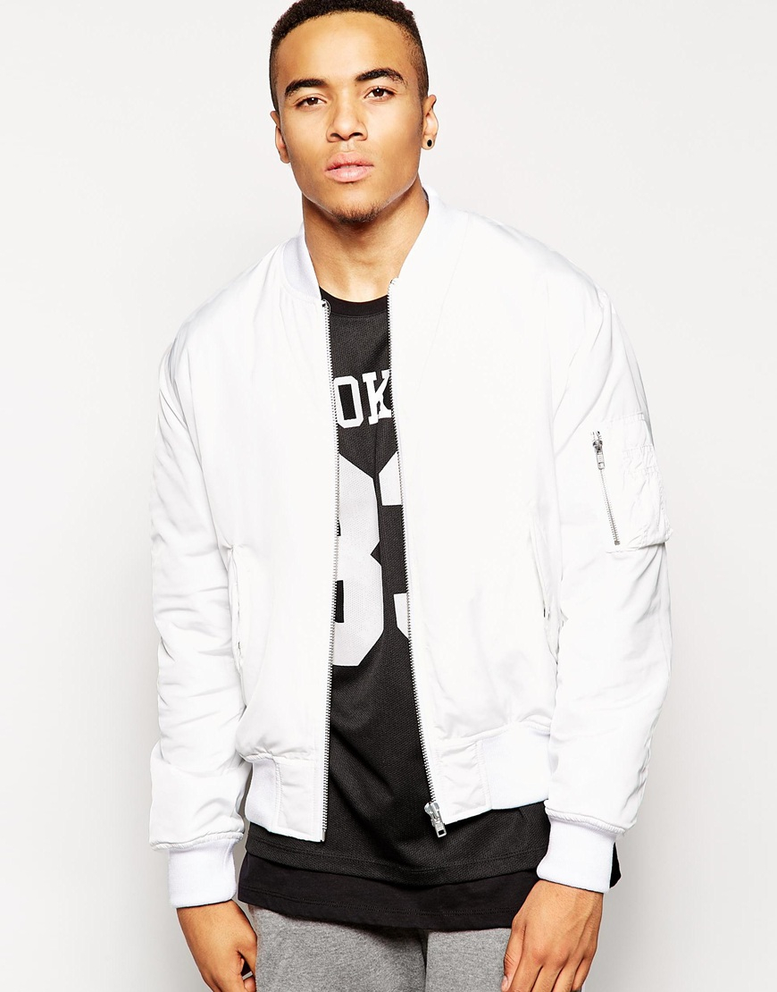 Asos Bomber Jacket With Ma1 Pocket In White in White for Men | Lyst