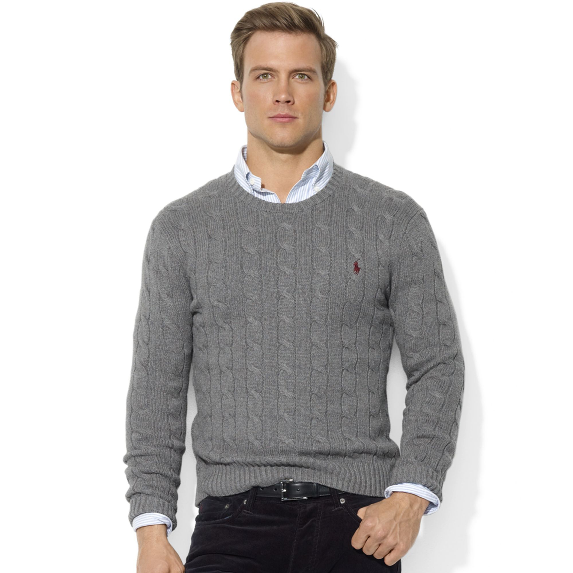 Ralph lauren Roving Crew Neck Cable Cotton Sweater in Gray for Men | Lyst