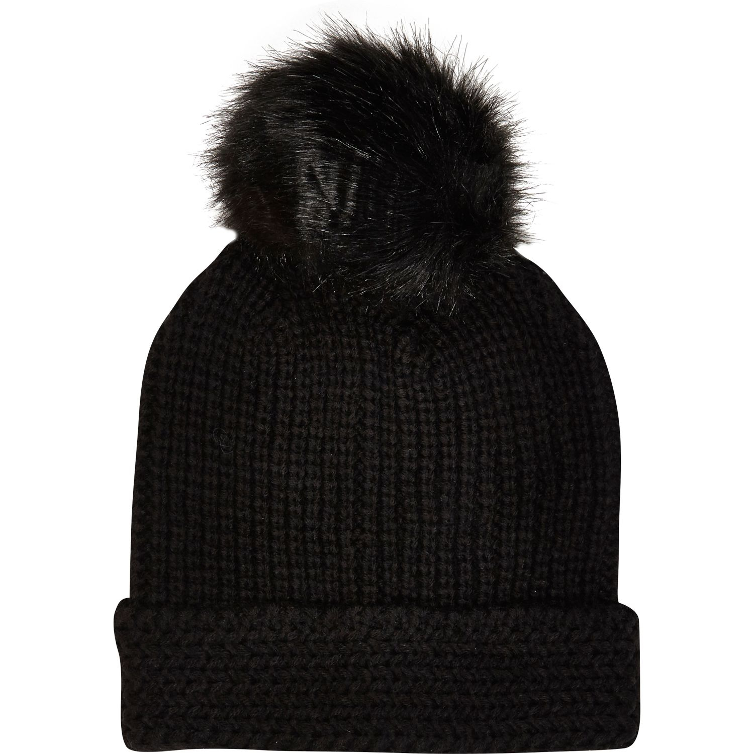 River Island Black Faux Fur Bobble Beanie Hat in Black | Lyst