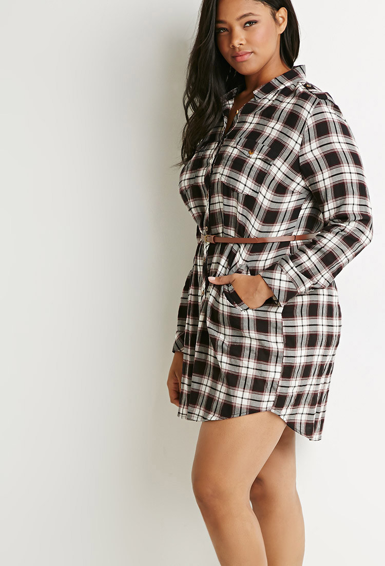 Lyst Forever 21 Plus Size Belted  Plaid  Shirt  Dress  in Black