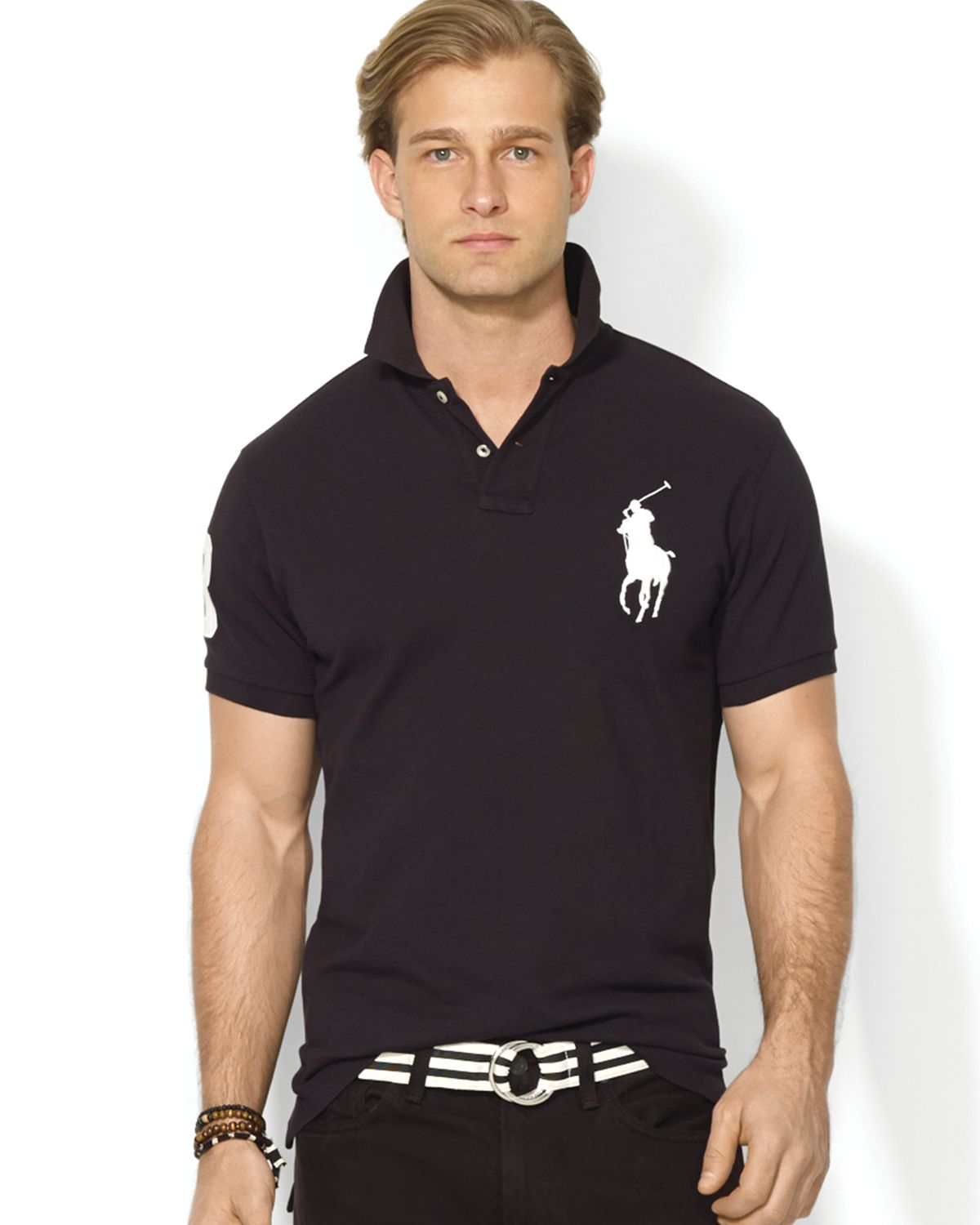 Ralph Lauren Polo Custom Big Pony Mesh Polo Shirt - Slim Fit in Black