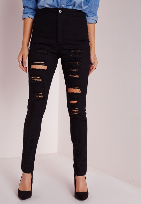 Missguided Brigitte High Waisted Extreme Ripped Skinny Jeans Black ...