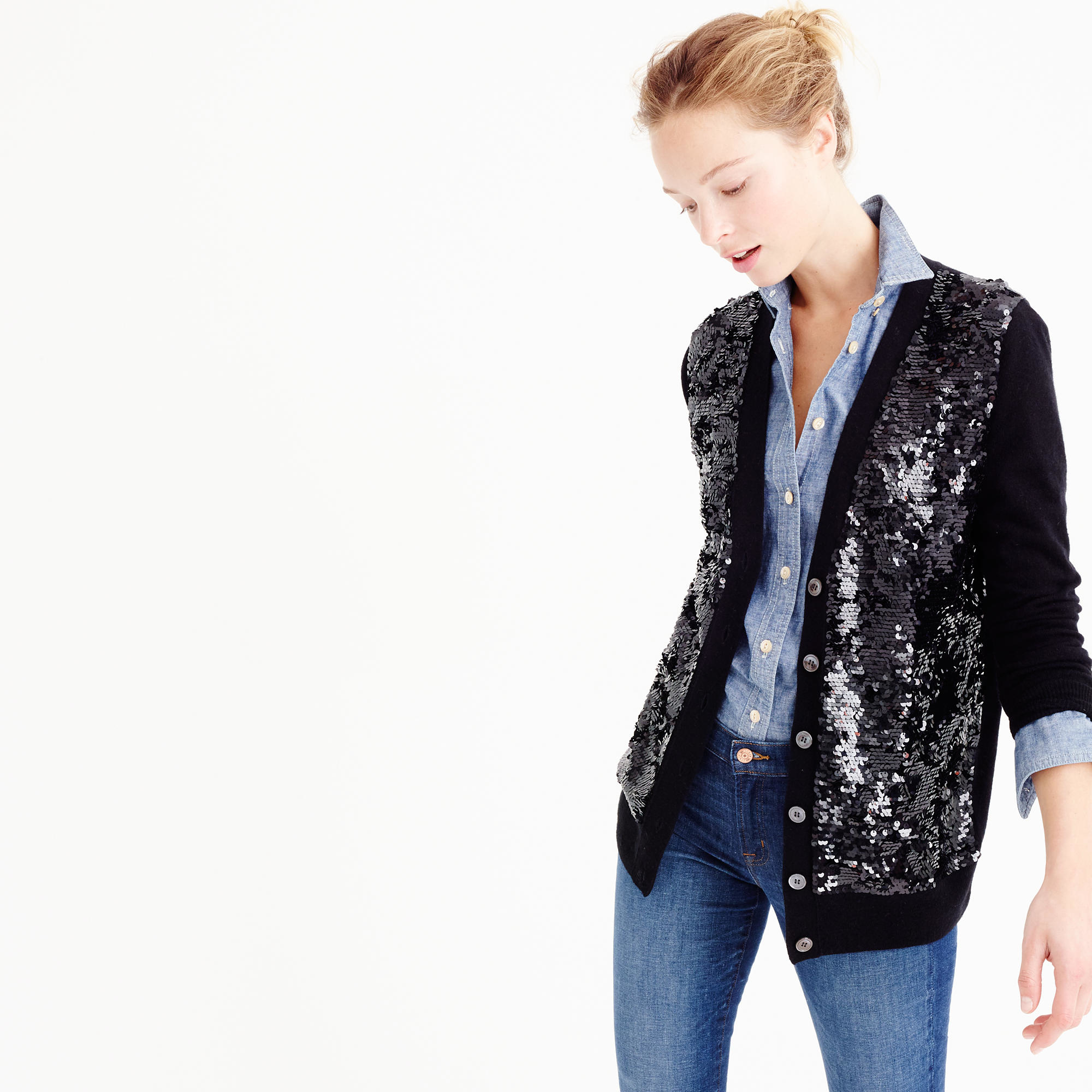 J.crew Sequin Cardigan Sweater in Black | Lyst