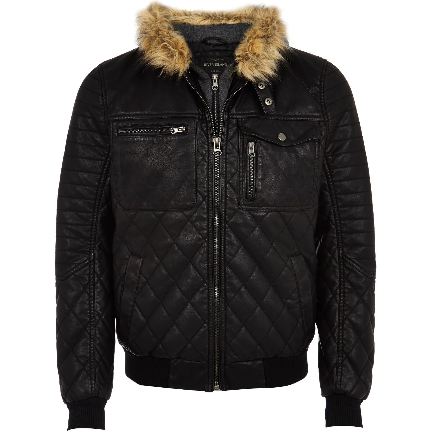 River Island Black Leatherlook Quilted Bomber Jacket in Black | Lyst