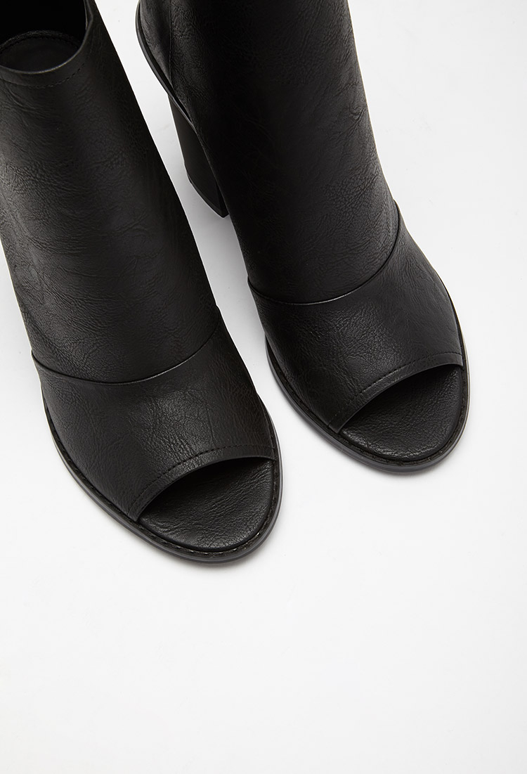 peep toe black leather booties