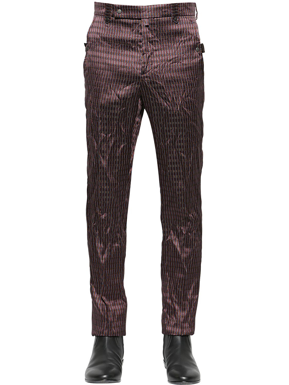 purple silk trousers