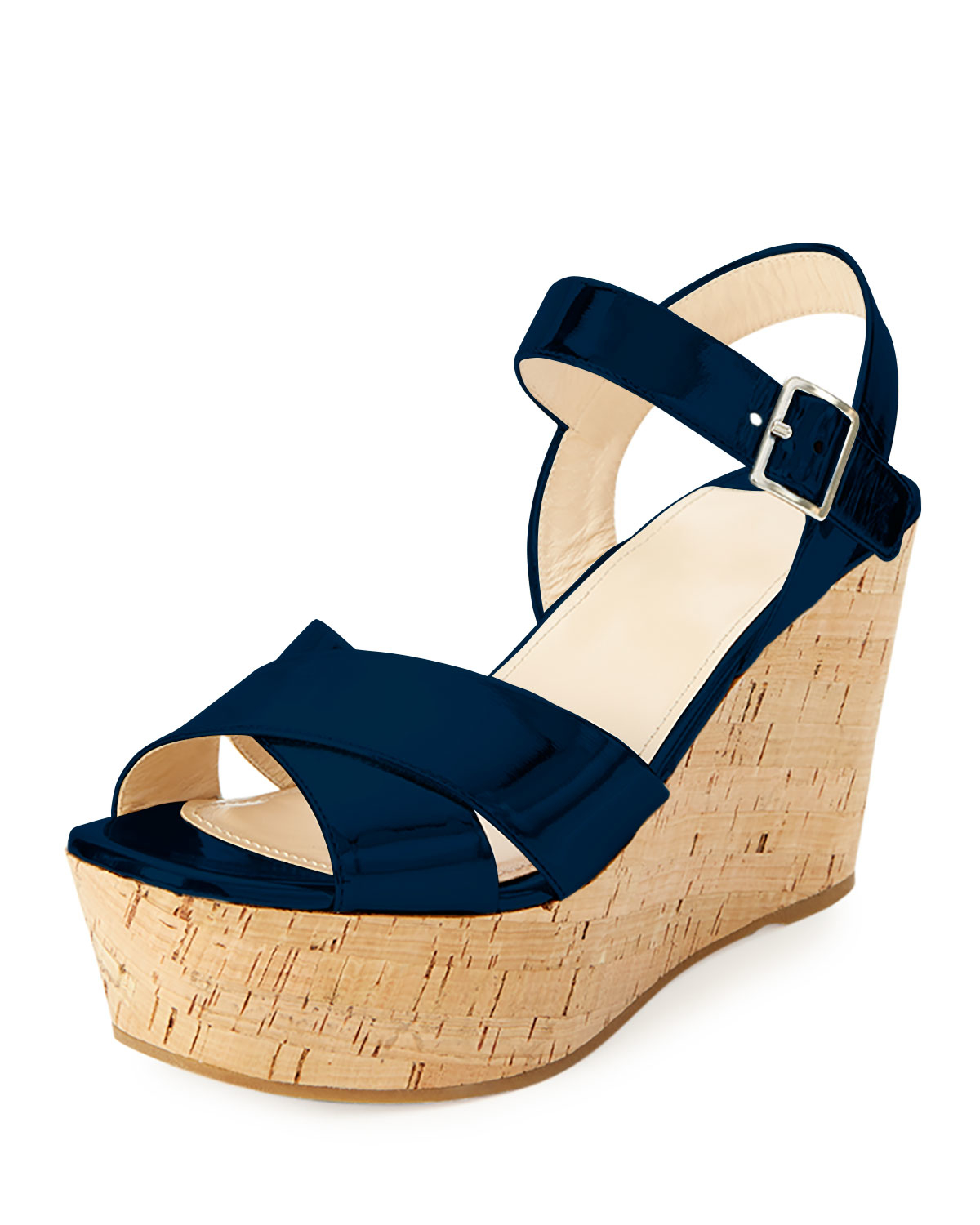 Lyst - Prada Patent Leather Cork Wedge Sandal in Blue