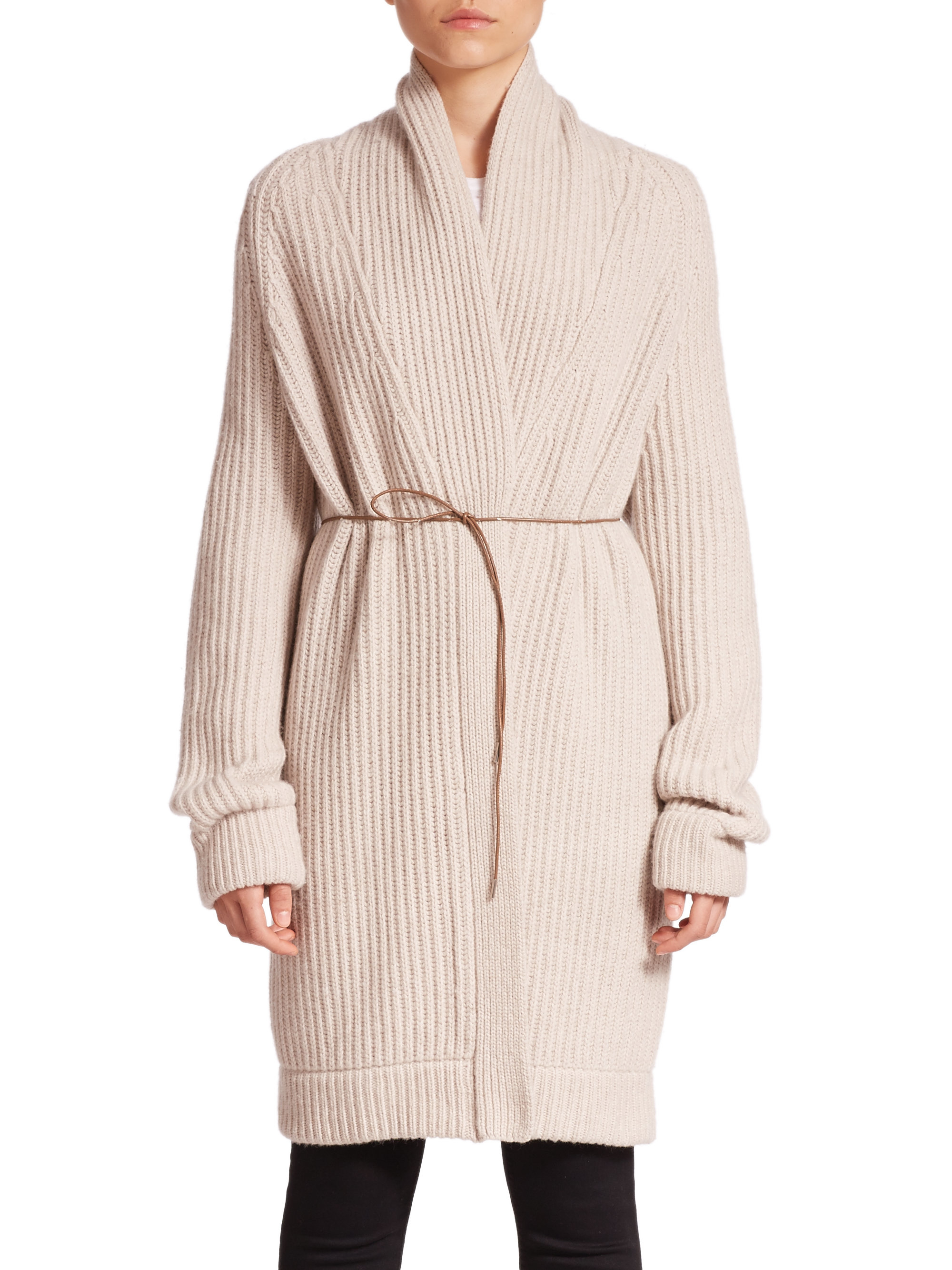 Lyst - Helmut Lang Wool & Cashmere Belted Long Cardigan in Natural
