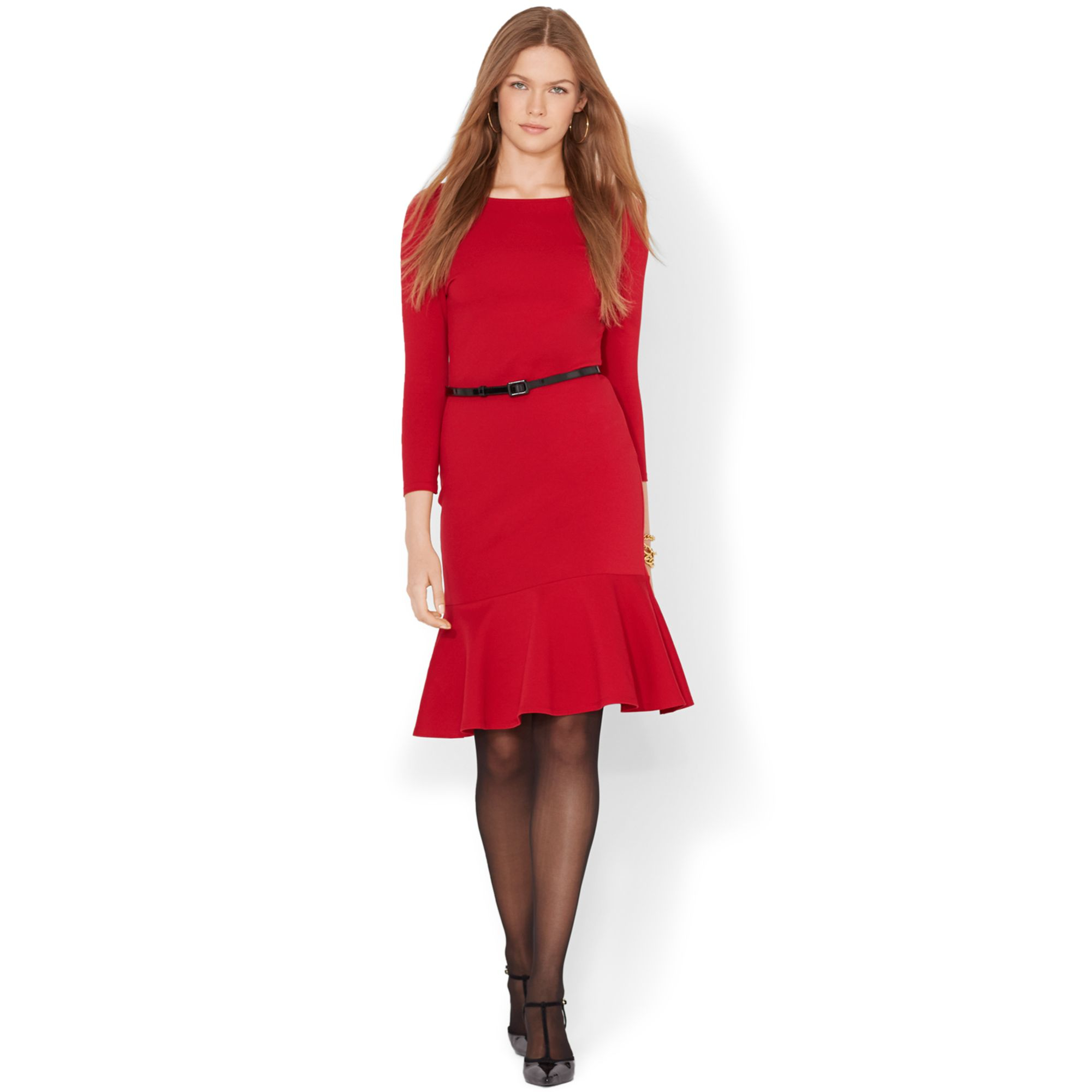 Lauren by ralph lauren Three-Quarter-Sleeve Belted Flare Dress in Red ...