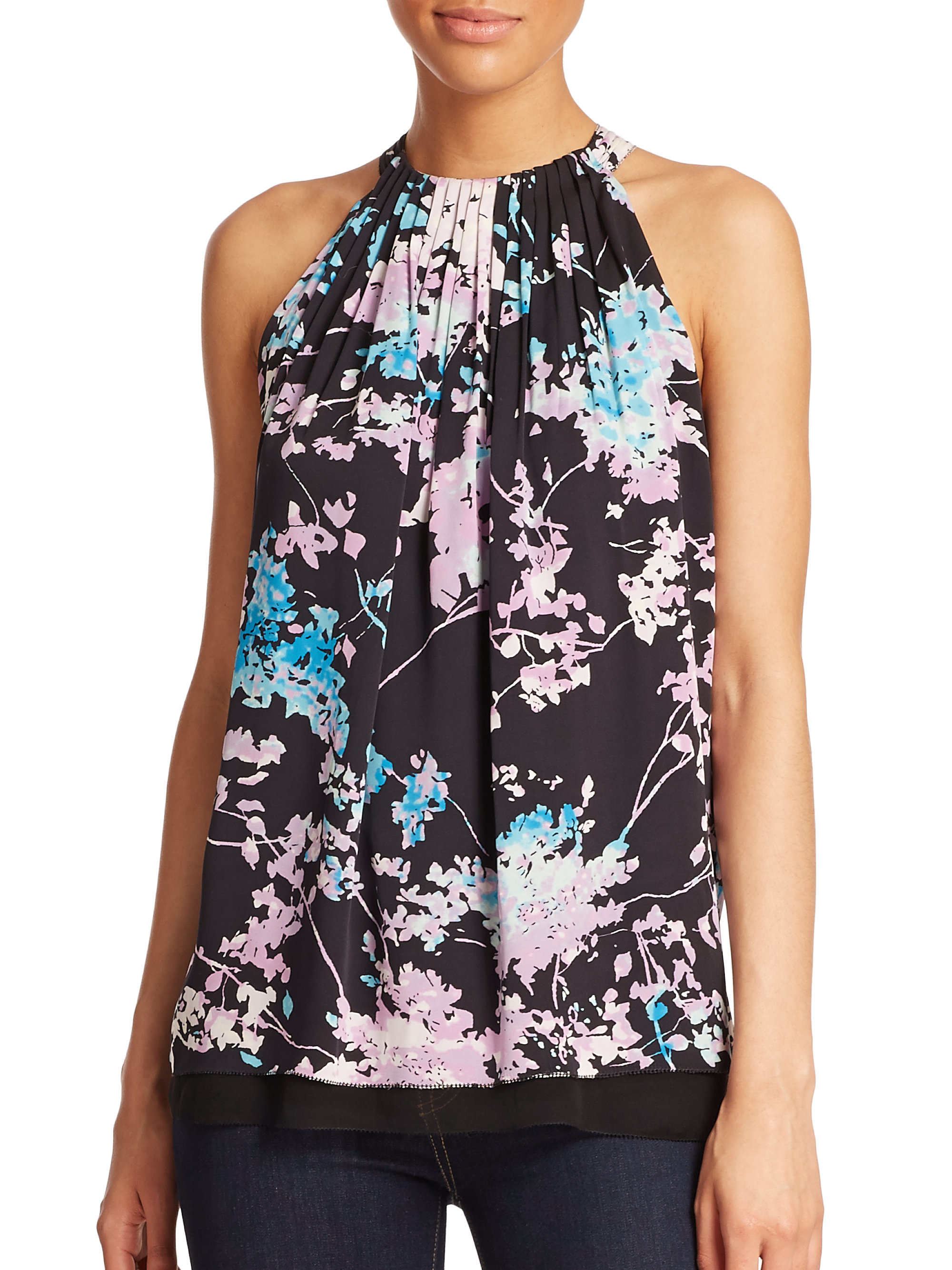 Diane Von Furstenberg Lexi Printed Stretch Silk Halter Top In Black Floral Daze 6800