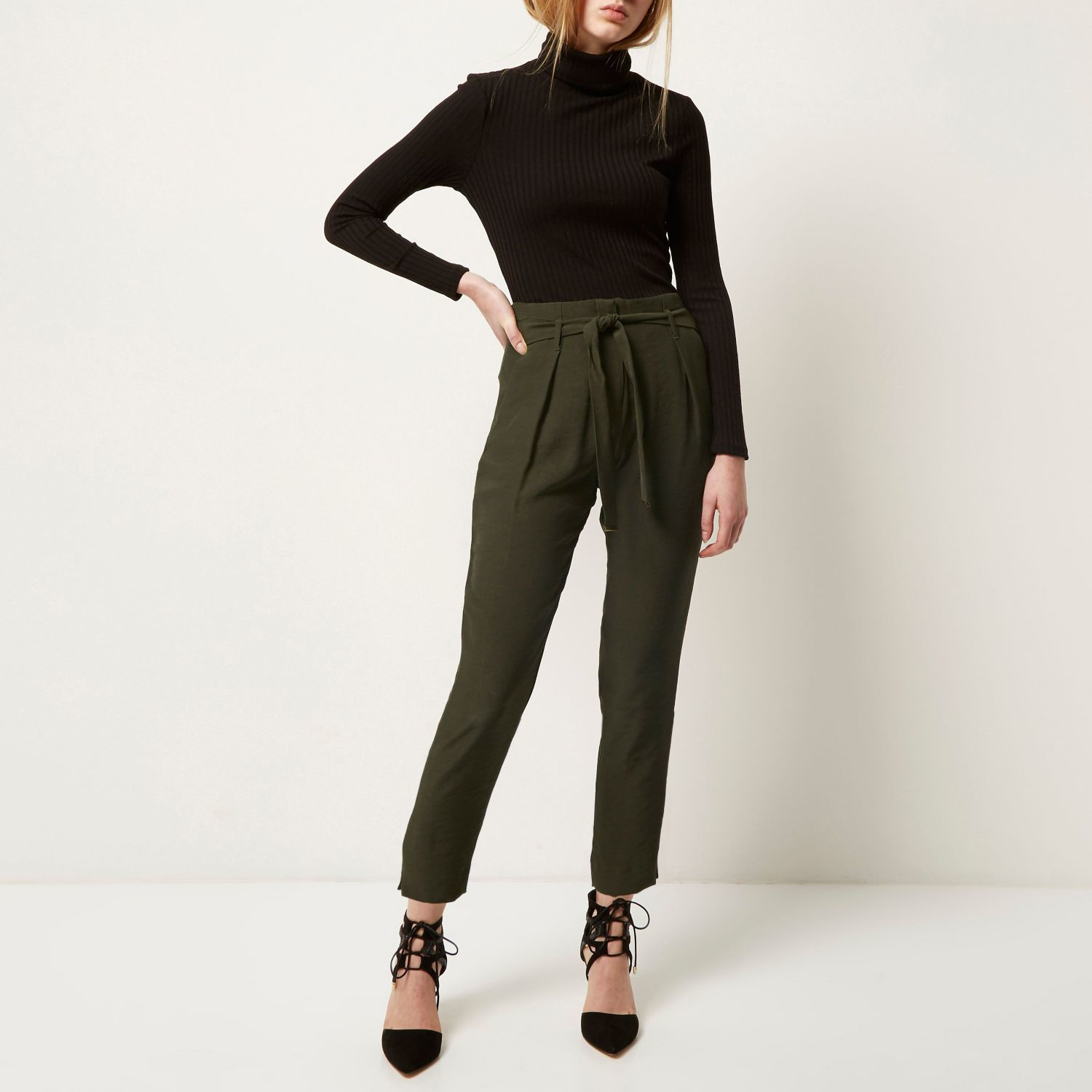 Lyst - River Island Khaki Soft Tie Waist Tapered Pants in Natural