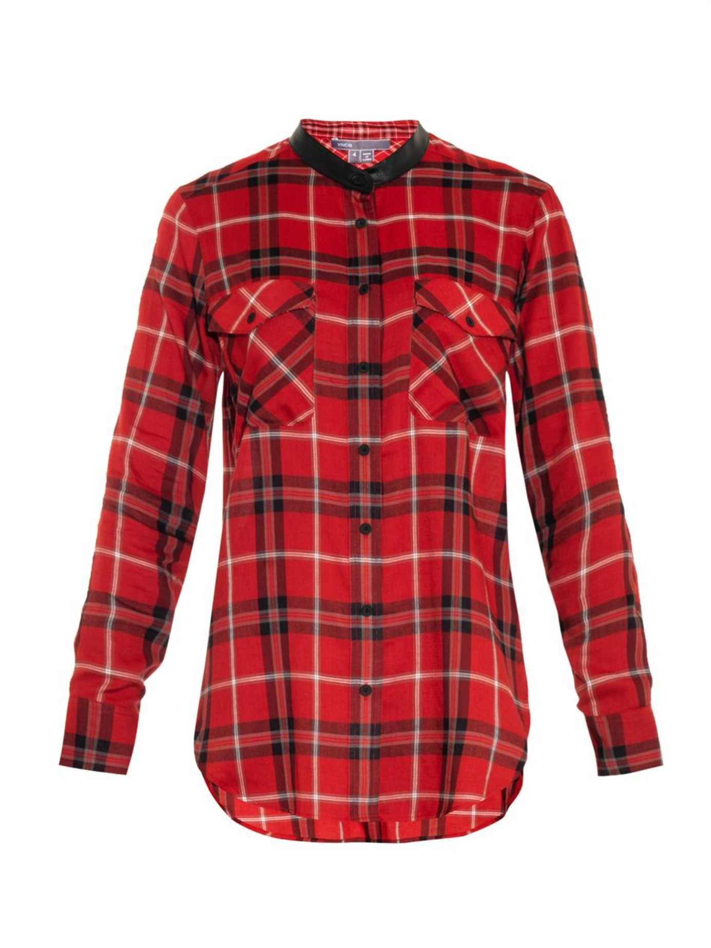 Vince Leather-trim Plaid Shirt in Red | Lyst