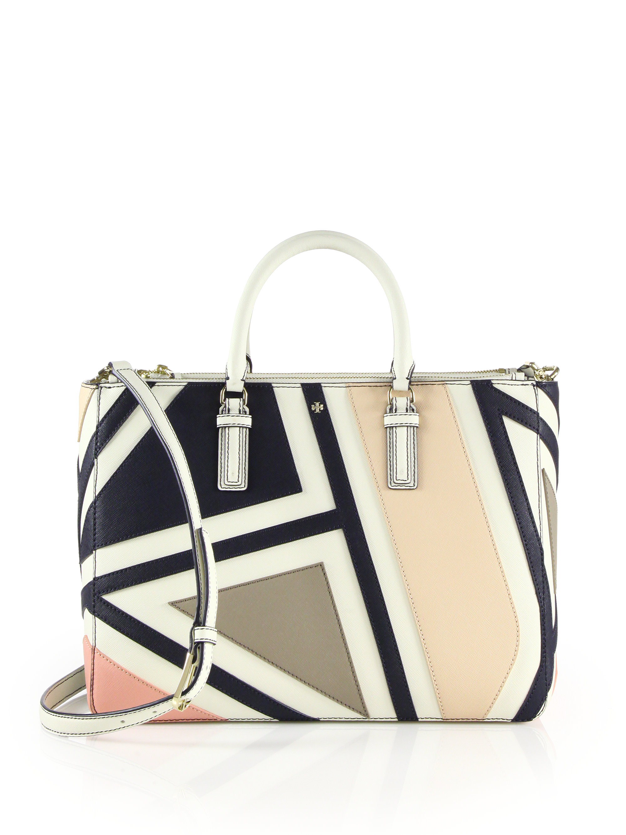 Lyst - Tory Burch Robinson Fret-patchwork Multicolor Saffiano Leather Tote in White