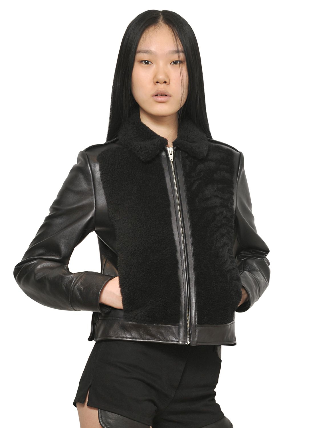 Alexander wang Shearling and Leather Motorcycle Jacket in Black | Lyst