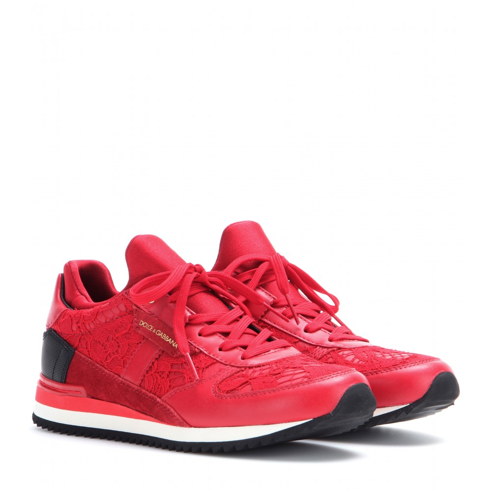 Lyst - Dolce & Gabbana Leather Sneakers With Lace Appliqué in Red
