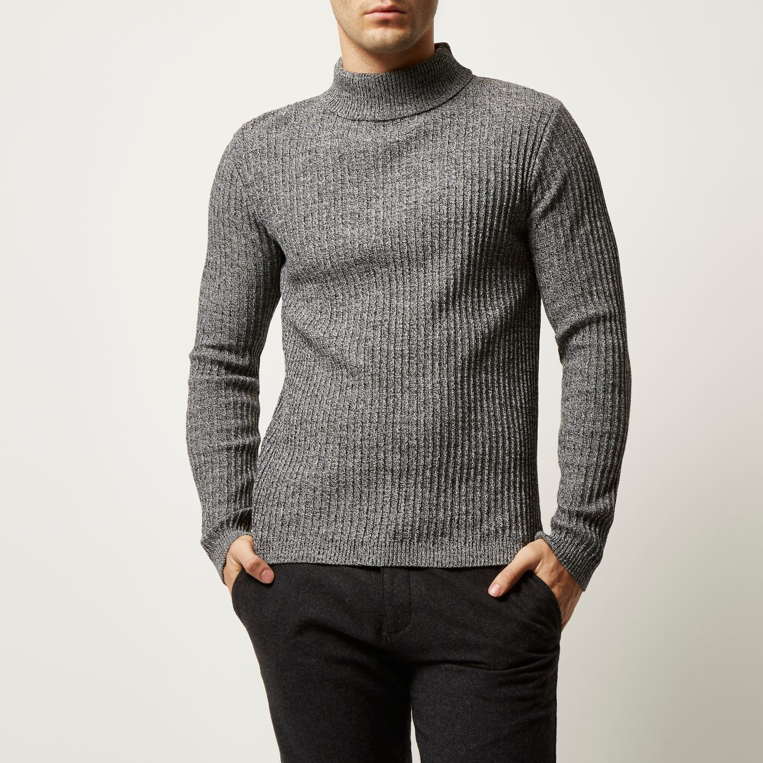 River island Dark Grey Ribbed Roll Neck Jumper in Gray for Men (Grey ...