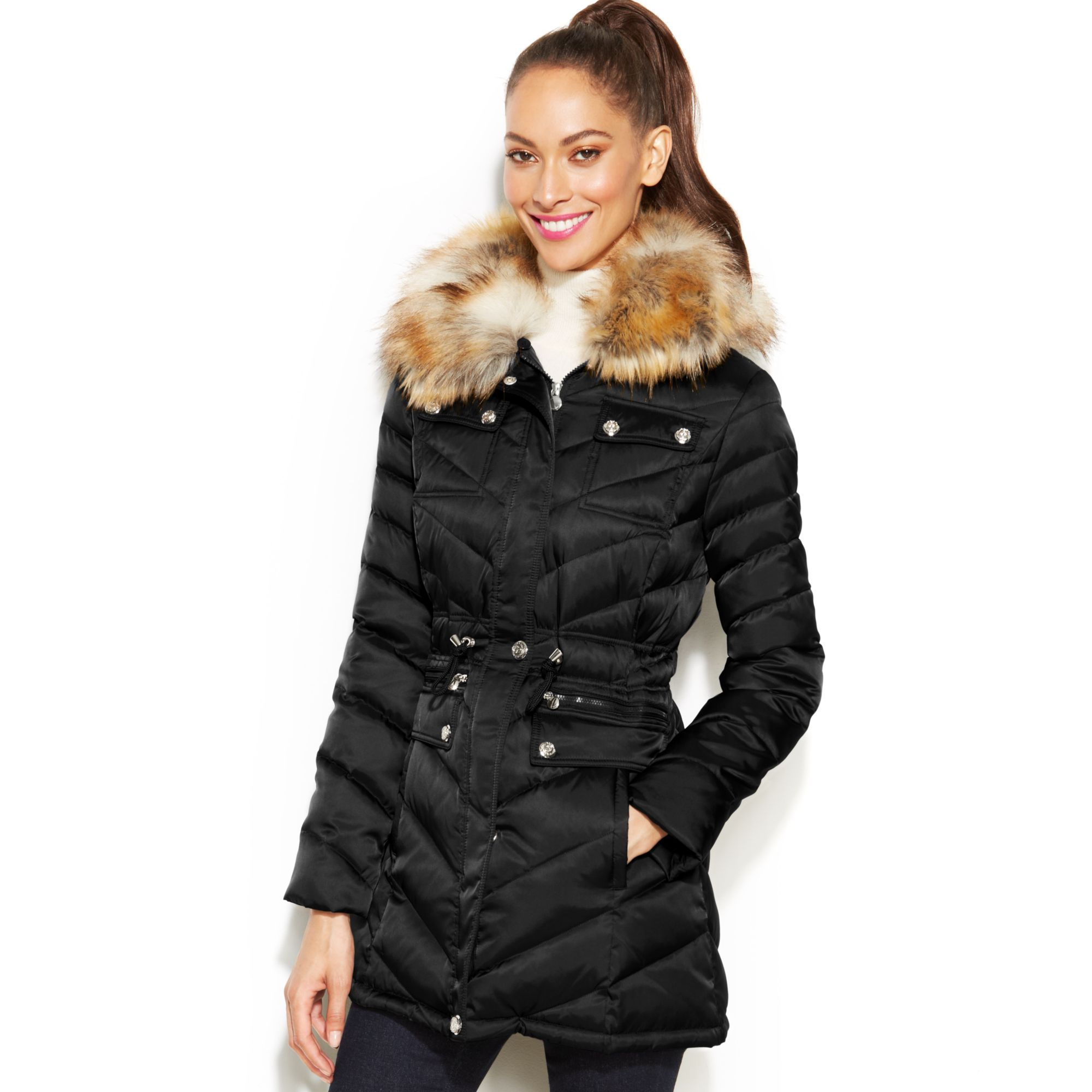 Laundry By Shelli Segal Faux-Fur-Hooded Quilted Puffer Coat in Black | Lyst
