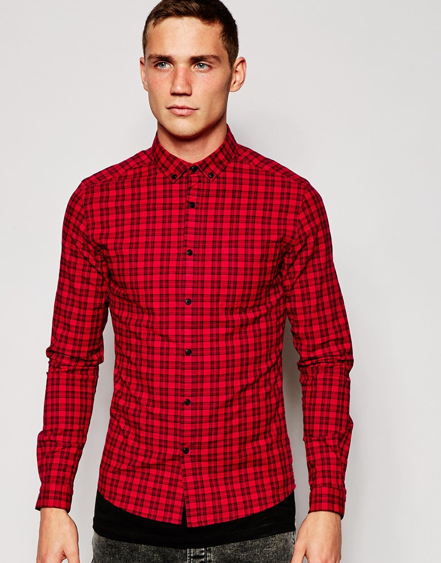 Asos Skinny Fit Check Shirt In Long Sleeve in Red for Men | Lyst
