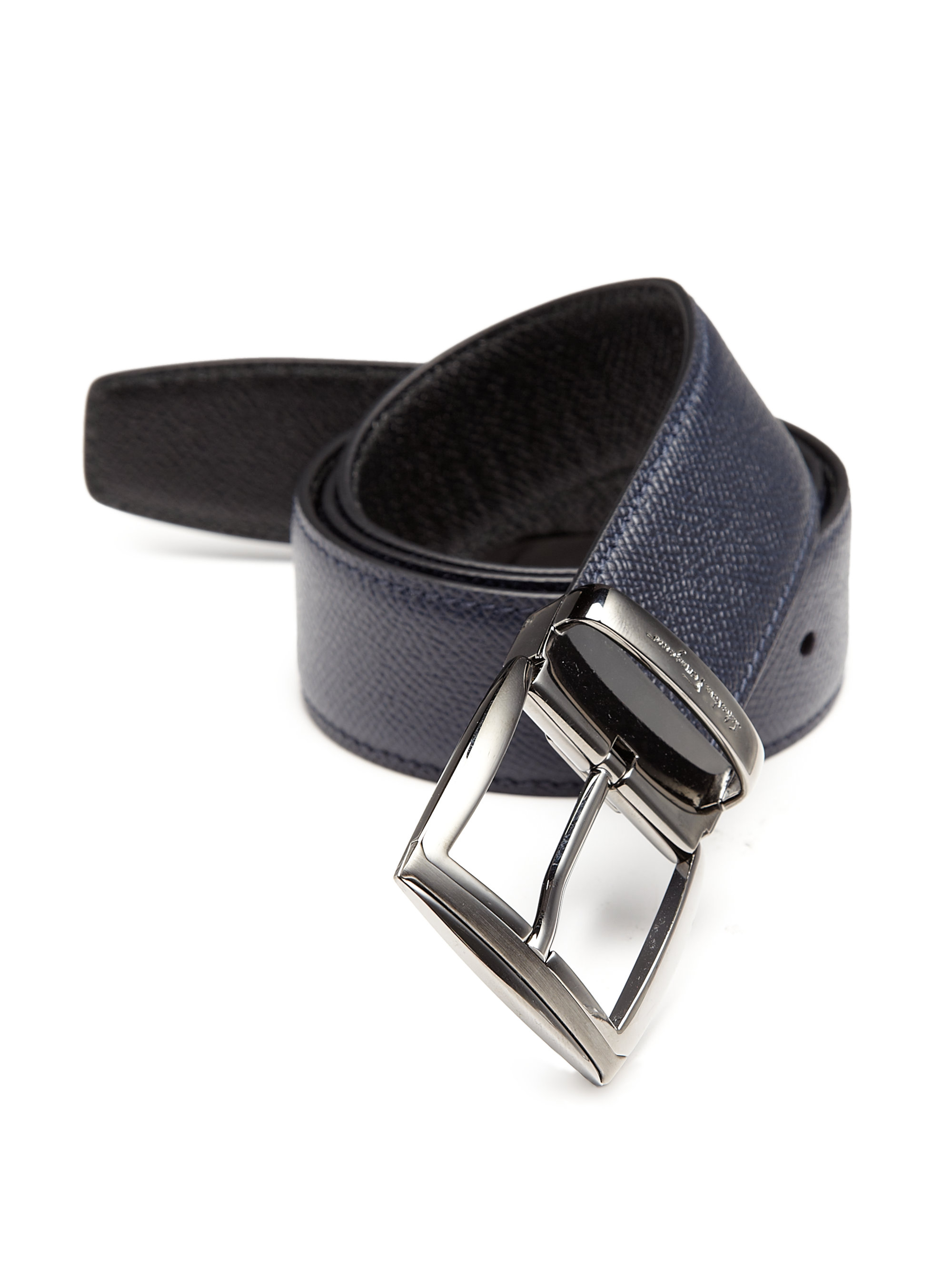 Ferragamo Blue Saddle Adjustable & Reversible Pebbled Leather Belt