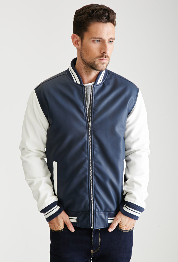 Lyst Forever 21 Colorblocked Faux Leather Varsity Jacket In Blue Gallery Men S Varsity Jackets