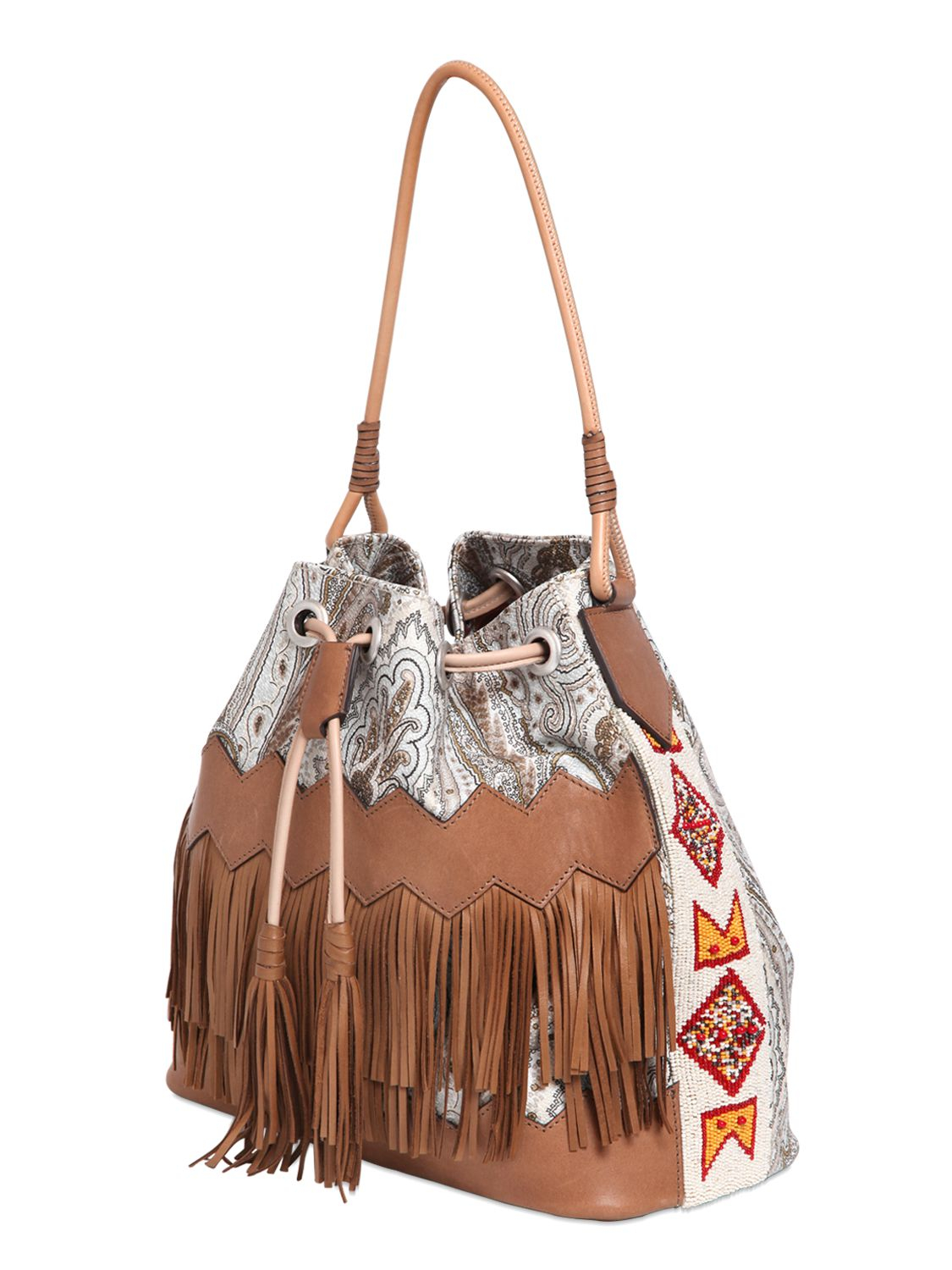 Etro Paisley Bucket Bag With Leather Fringe in Brown | Lyst
