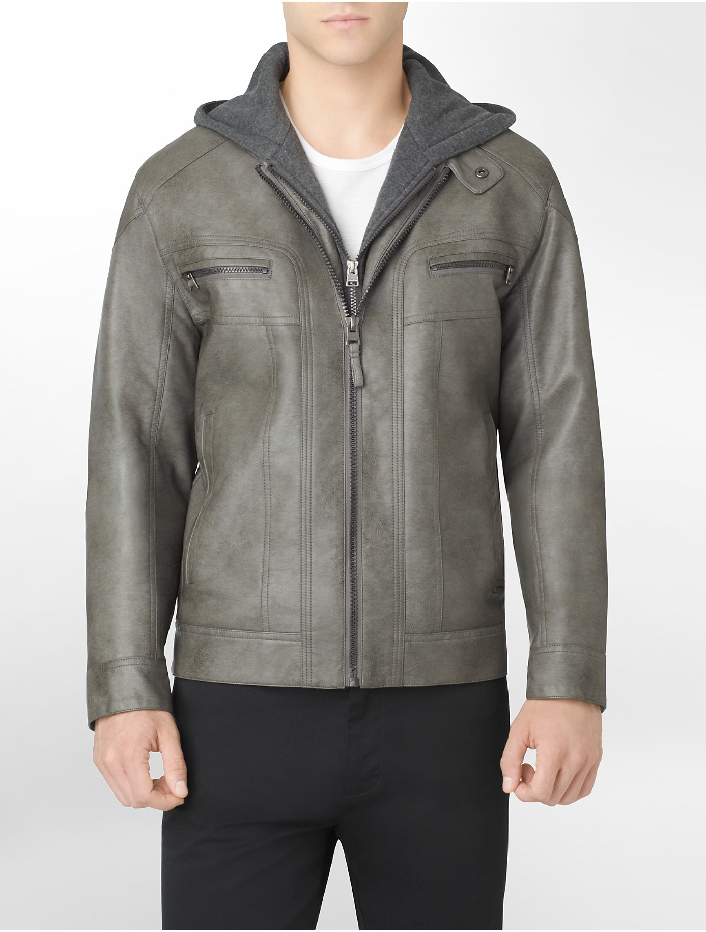 Calvin Klein Faux Leather Double Layer Hood Jacket In Gray Lyst Gallery