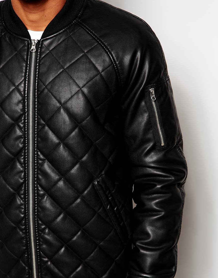 Lyst - Asos Faux Leather Quilted Bomber Jacket in Black for Men
