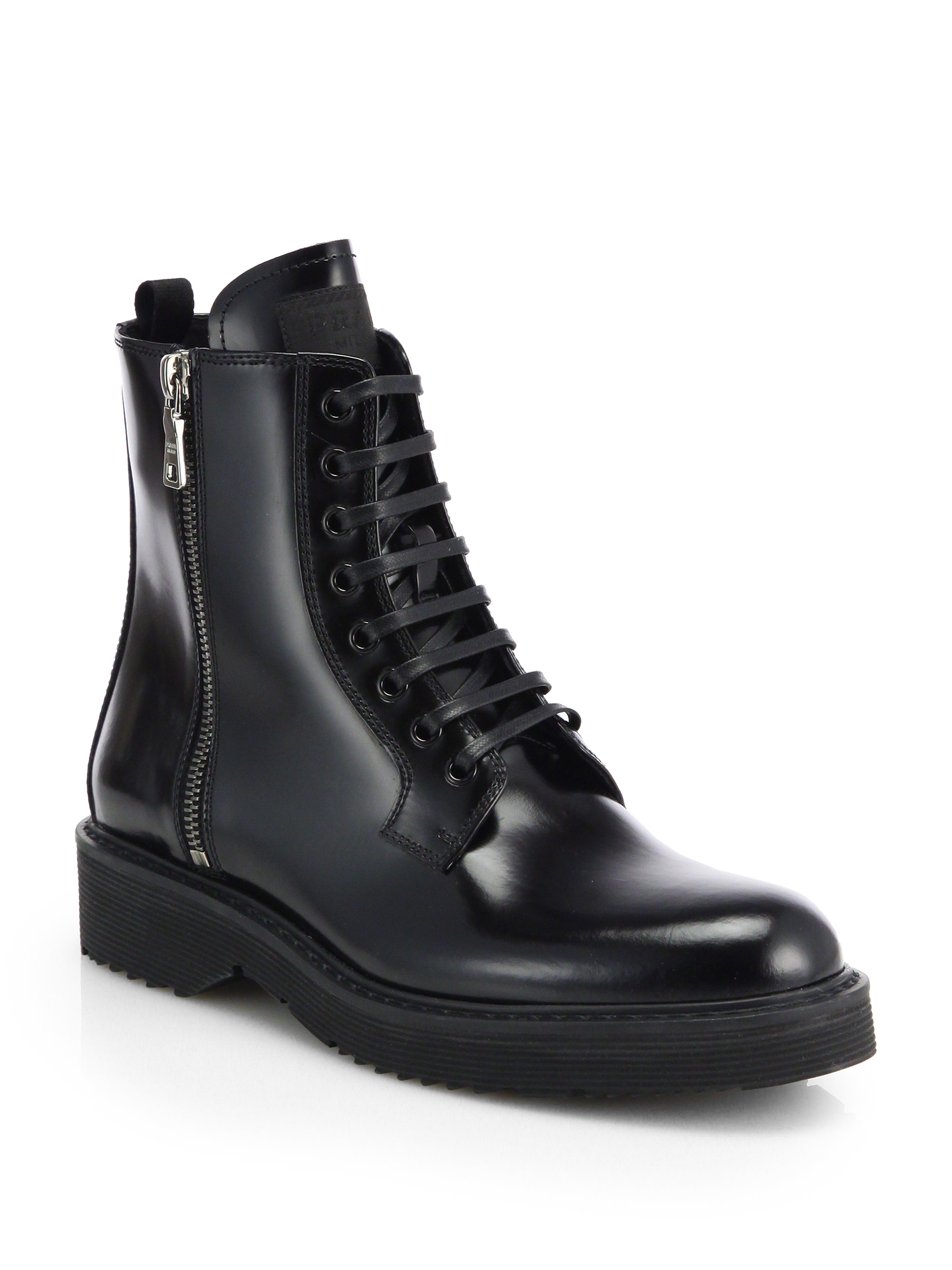 Lyst - Prada Patent Leather Laceup Combat Boots in Black