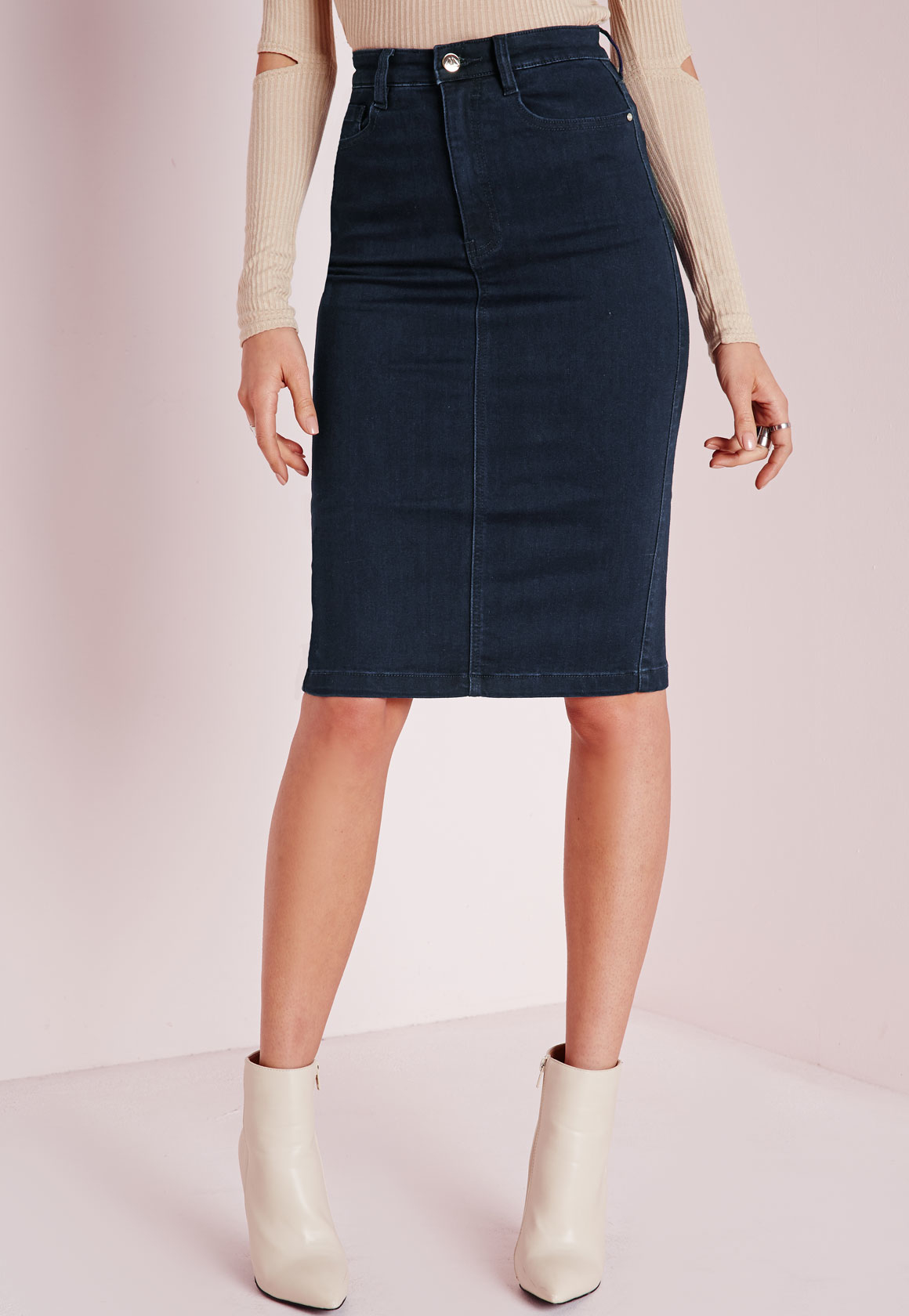 Missguided Petite High Waisted Midi Denim Skirt Indigo in Blue | Lyst