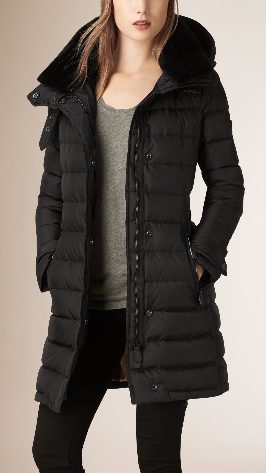 Lyst - Burberry Down-filled Coat With Shearling Collar in Black