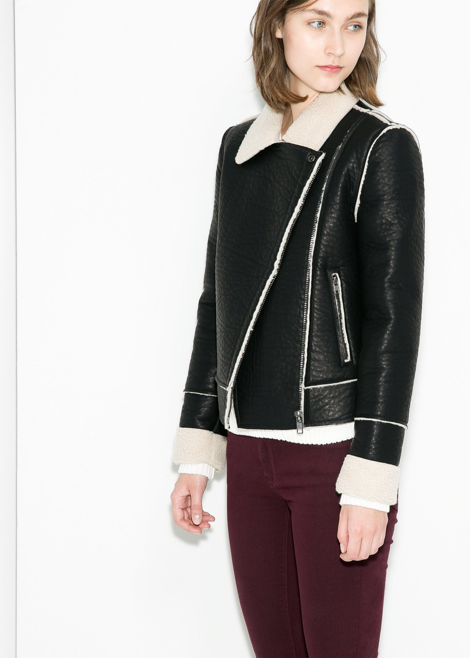 Lyst Mango Faux Shearling Lined Biker Jacket In Black