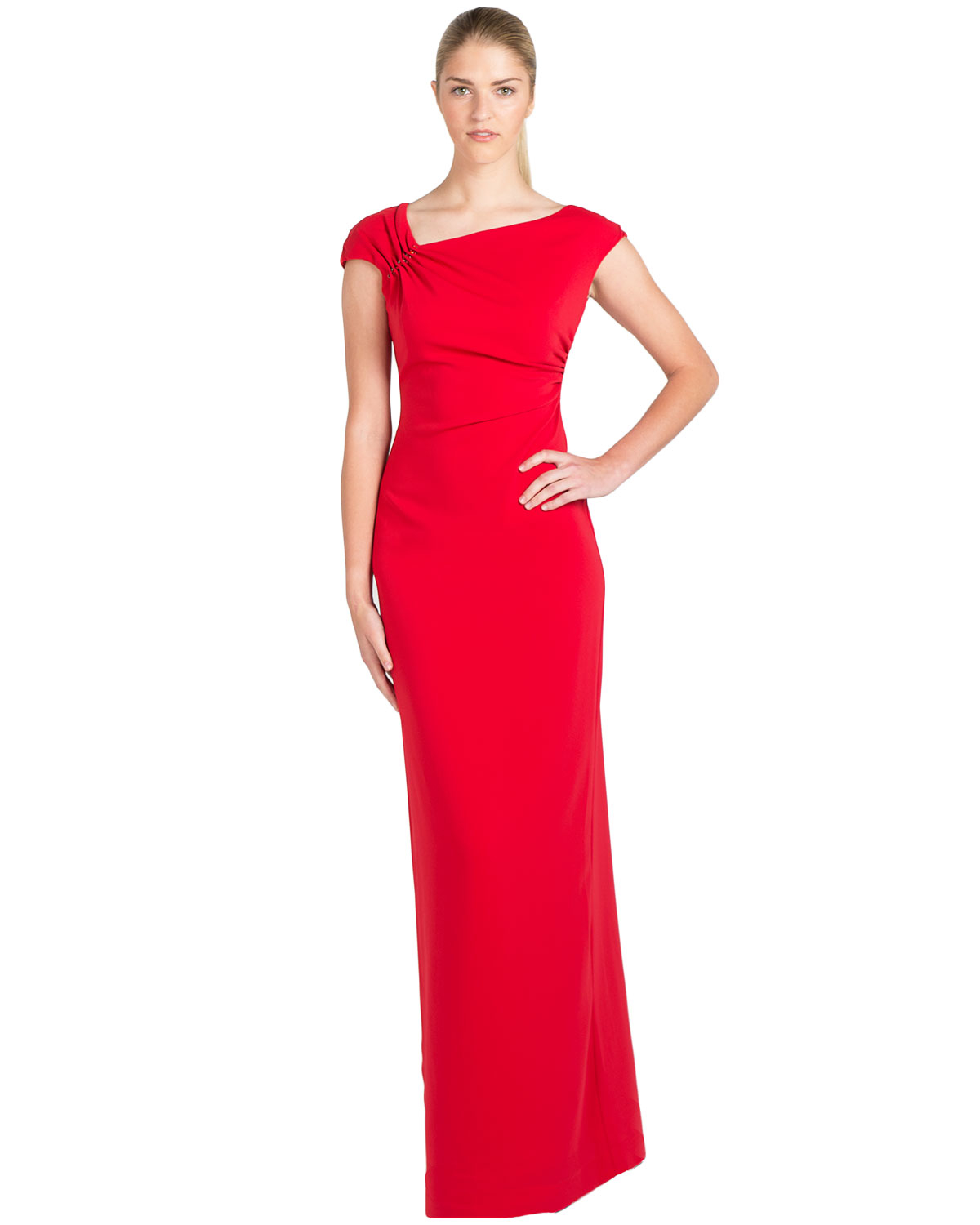 Badgley mischka Shirred Shoulder Odessa Evening Gown in Red | Lyst