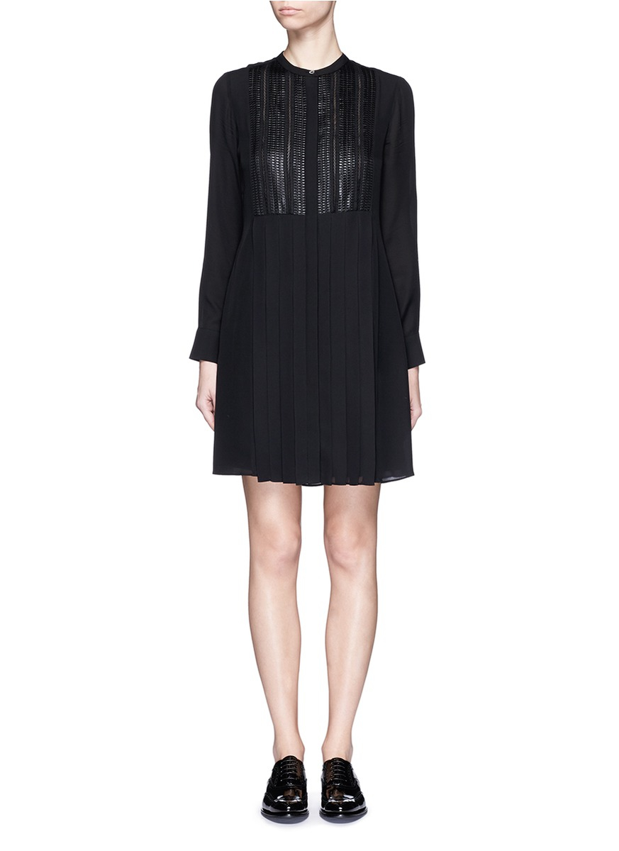Vince Mesh Lace Bib Pleat Silk Shirt Dress in Black | Lyst